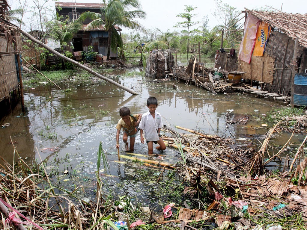 Swamped homes on the outskirts of Rangoon after Cyclone Nargis  in 2008