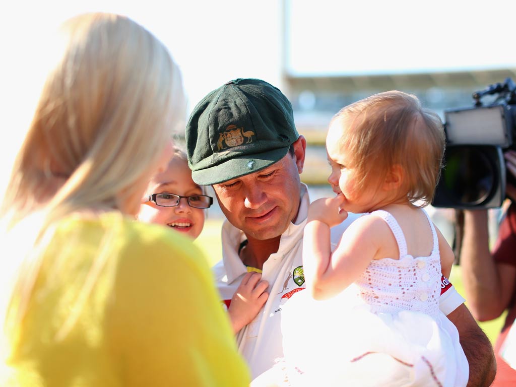 Ricky Ponting of Australia greets his wife Rianna, and daughters