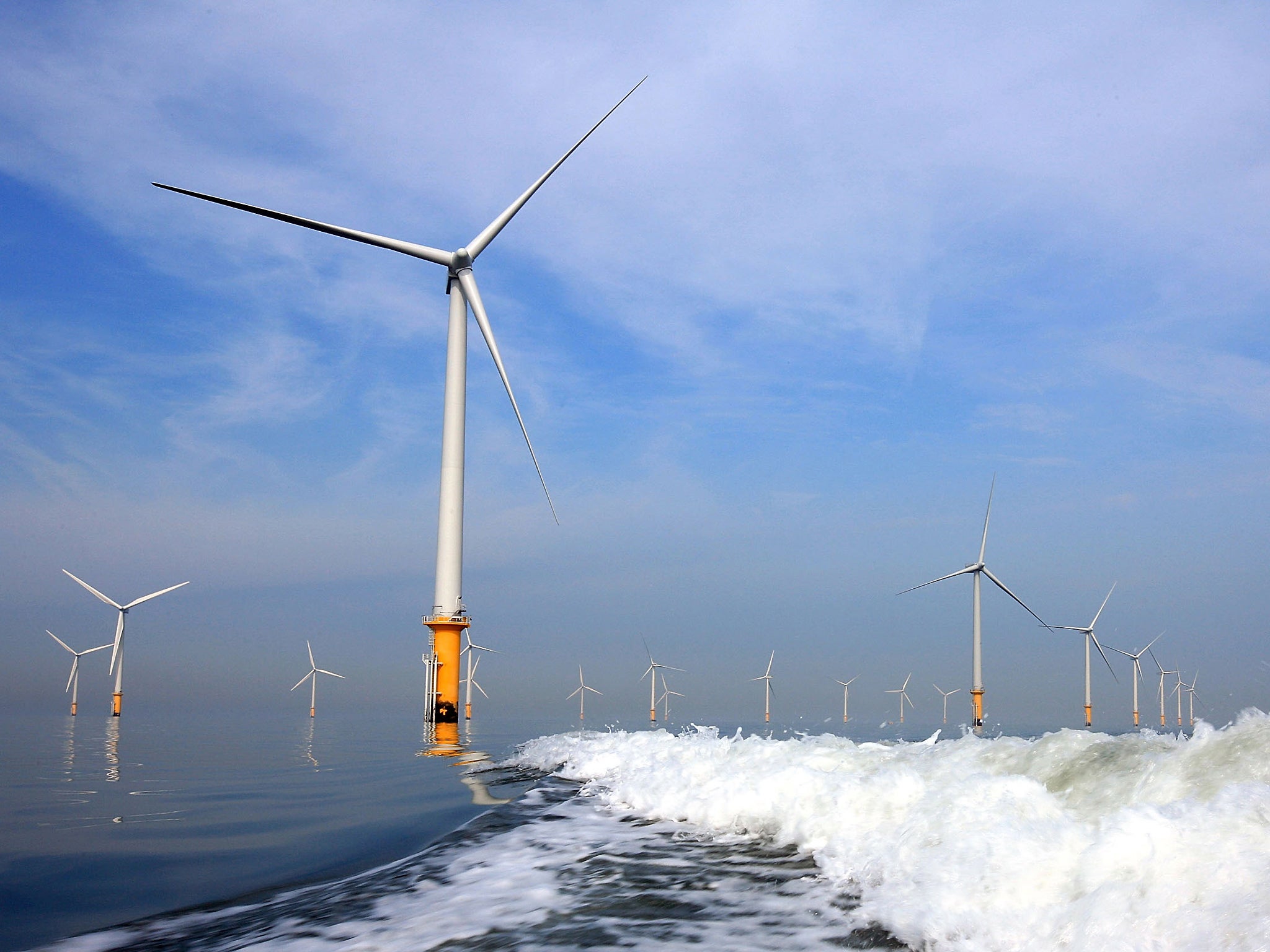 Turbines in a windfarm at the mouth of the River Mersey