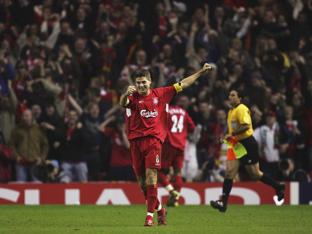 <b>December 2004: Liverpool 3-1 Olympiakos</b><br/>

After Rivaldo's free-kick had put the Greek side ahead at Anfield, Rafael Benitez's men needed three goals to go through. The Reds boss brought on Florent Sinama-Pongolle at half-time in place of Djimi Traore, and the young French striker scored within two minutes of being on the field to level the scores. Neil Mellor found the hosts' second goal, three minutes after coming on for Milan Baros, before teeing up captain Steven Gerrard to complete the miraculous turnaround, four minutes from time.
<br/>
Benitez's men went on to the final in Istanbul where they met Milan. Gerrard was again the catalyst for a remarkable win, as Liverpool captured their fifth European Cup title with a famous shoot-out victory.
<br/>
<a href="http://www.youtube.com/watch?v=kM5XP-Ps7tk" target="new">Click here to watch</a>