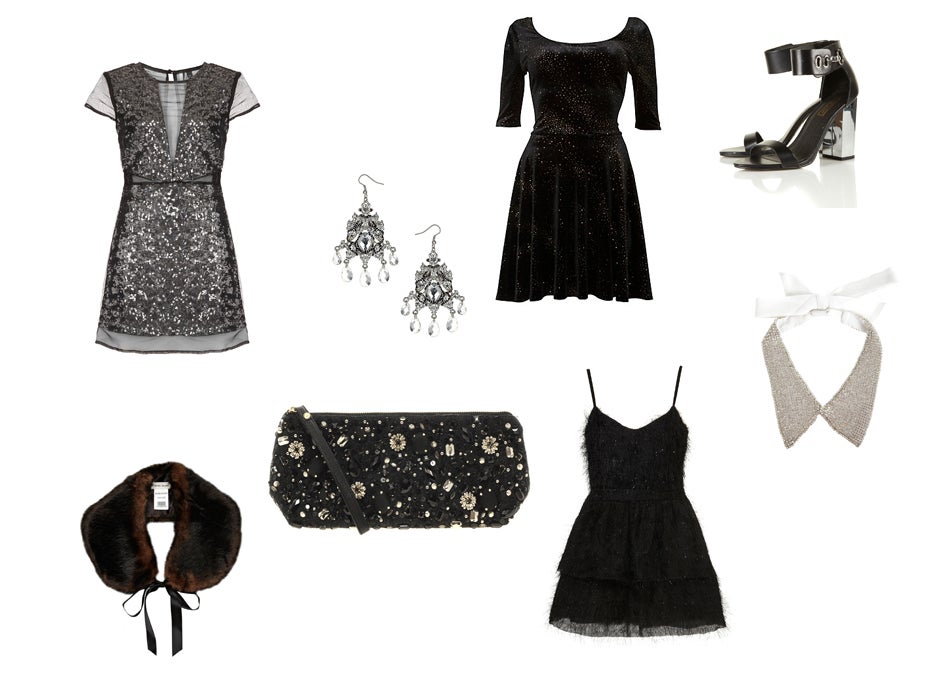 Party pieces (clockwise from left): Topshop sequin dress, Dorothy Perkins earrings, New Look velvet dress, Topshop heels, Miss Selfridge collar, Topshop dress, ASOS clutch, River Island collar