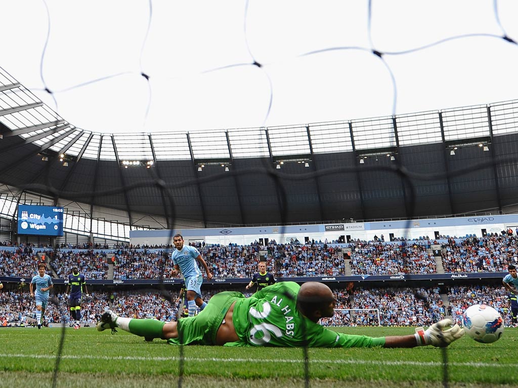 Carlos Tevez takes a spot kick against Wigan earlier this season