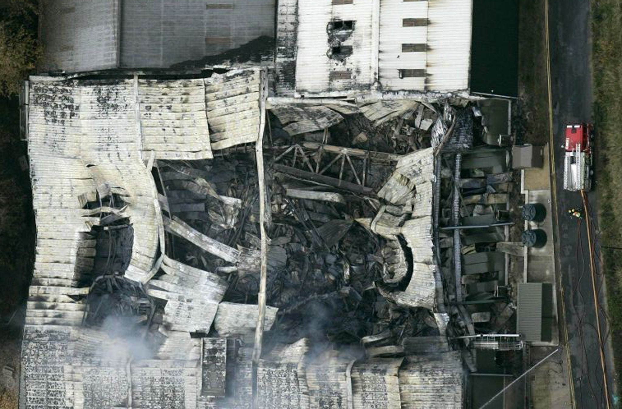 An aerial view of the fire burning at the Atherstone-on-Stour warehouse