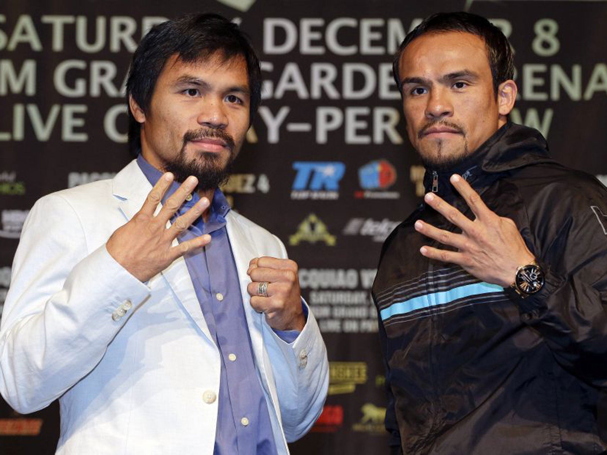 Manny Pacquiao (left) will fight Juan Manuel Marquez for a fourth time at the MGM in Las Vegas tonight