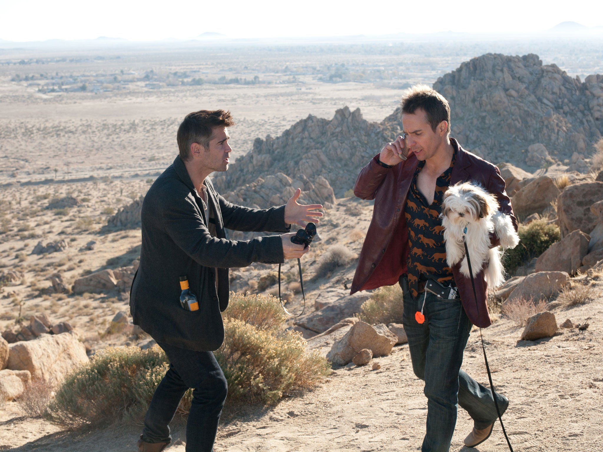 Dog gone: Colin Farrell’s blocked screenwriter, left, pleads with Sam Rockwell’s dog-napper