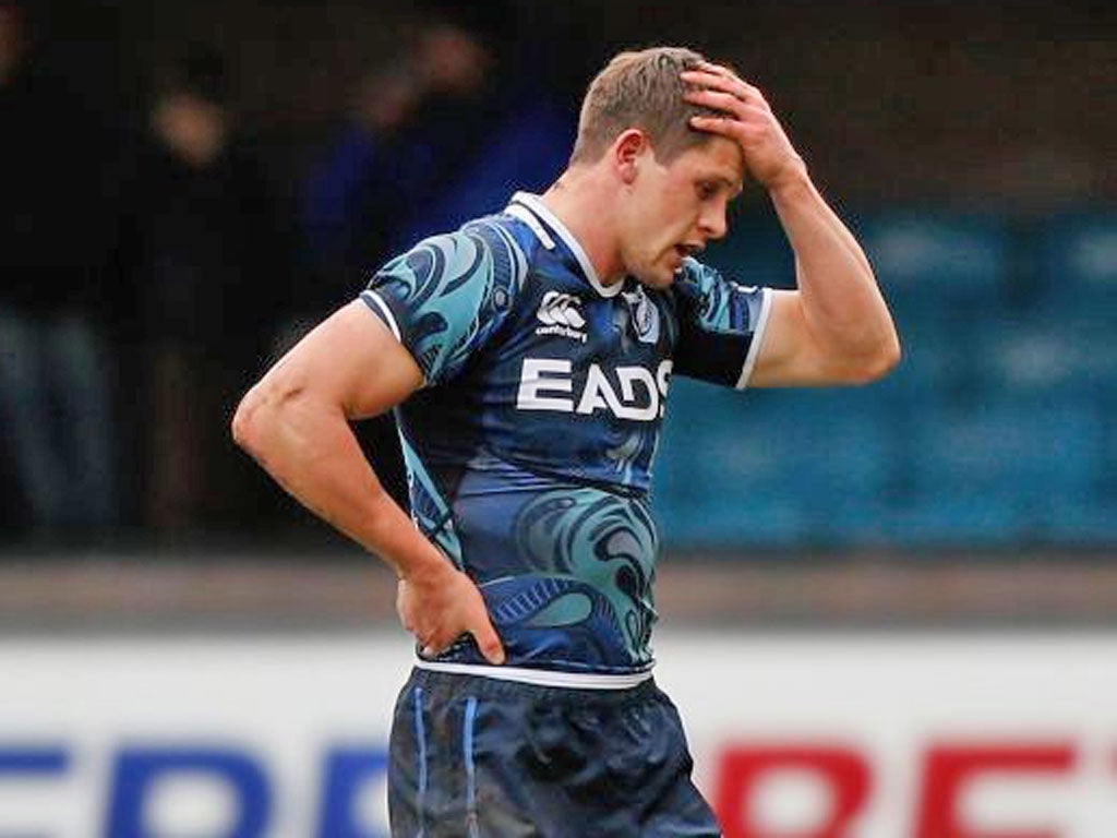 A forlorn Lloyd Williams of Cardiff after his red card aganist
Montpellier