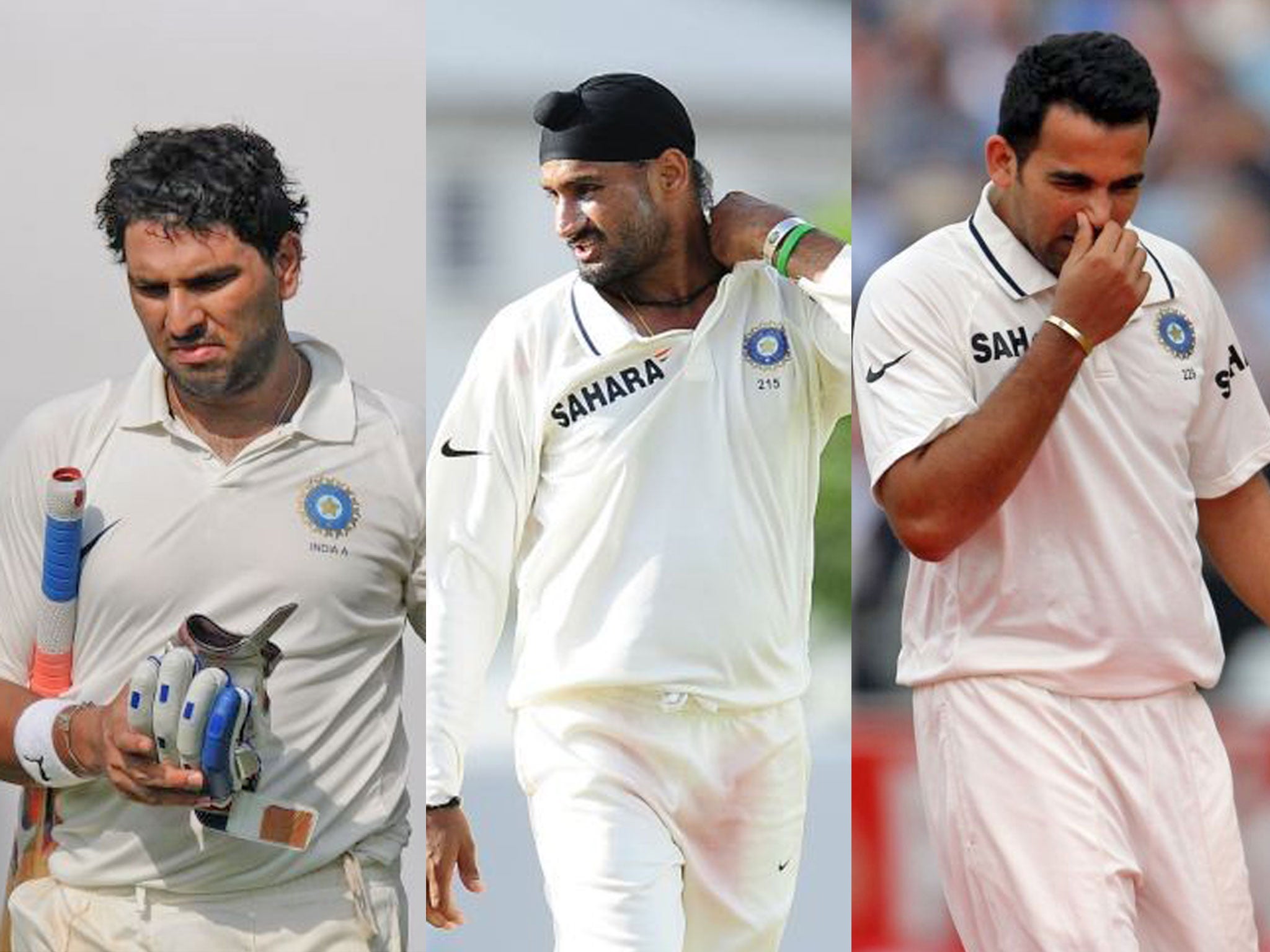 Yuvraj Singh (left), Harbhajan Singh and Zaheer Khan have been axed for the final Test in Nagpur