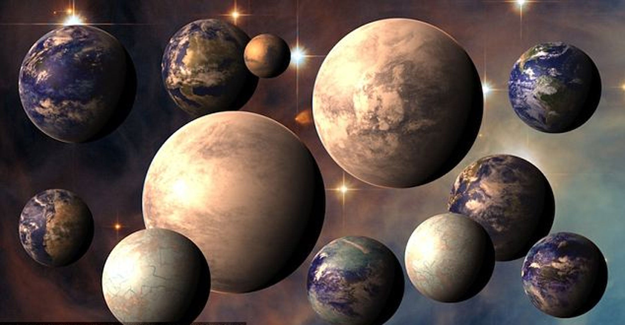 A collage of computer generated images of potentially habitable worlds made to celebrate the first year of the Planetary Habitability Laboratory's Habitable Exoplanets Catalog