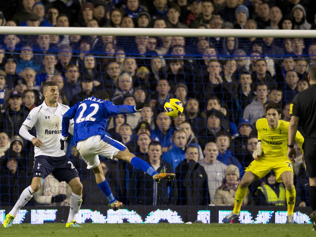 Steven Pienaar heads in against Tottenham
