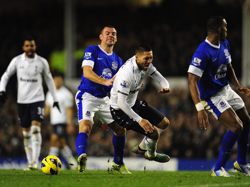 Tottenham forward Clint Dempsey is challenged