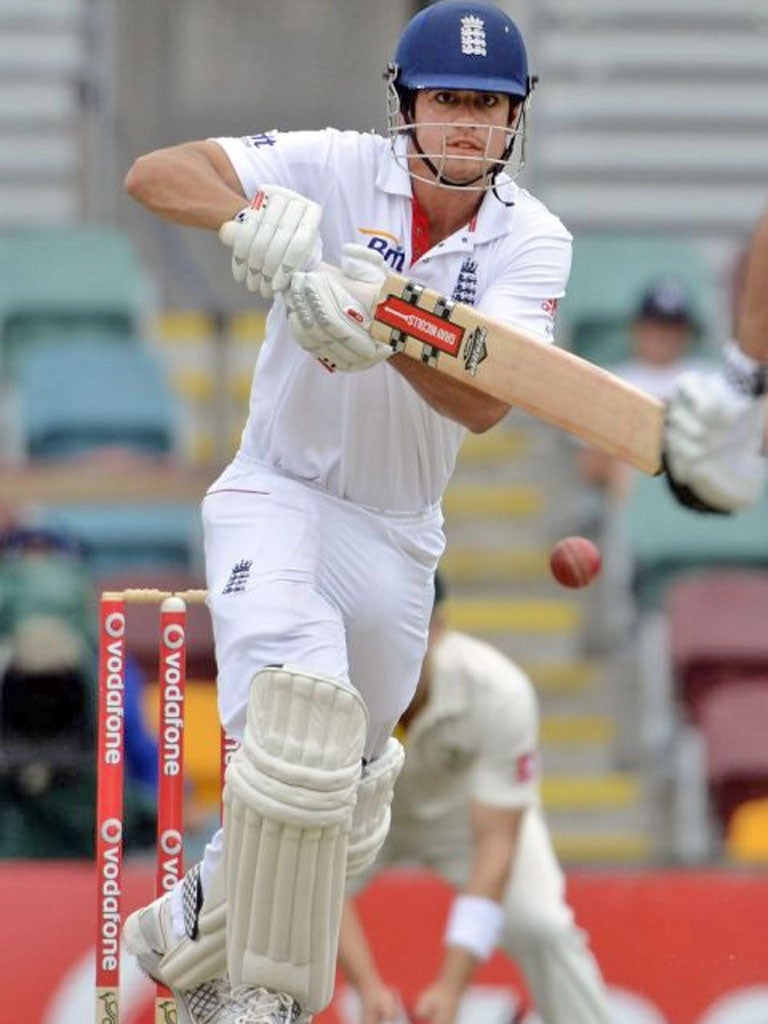 Alastair Cook plays a shot on his way to a double century in the first Ashes Test in Brisbane in 2010
