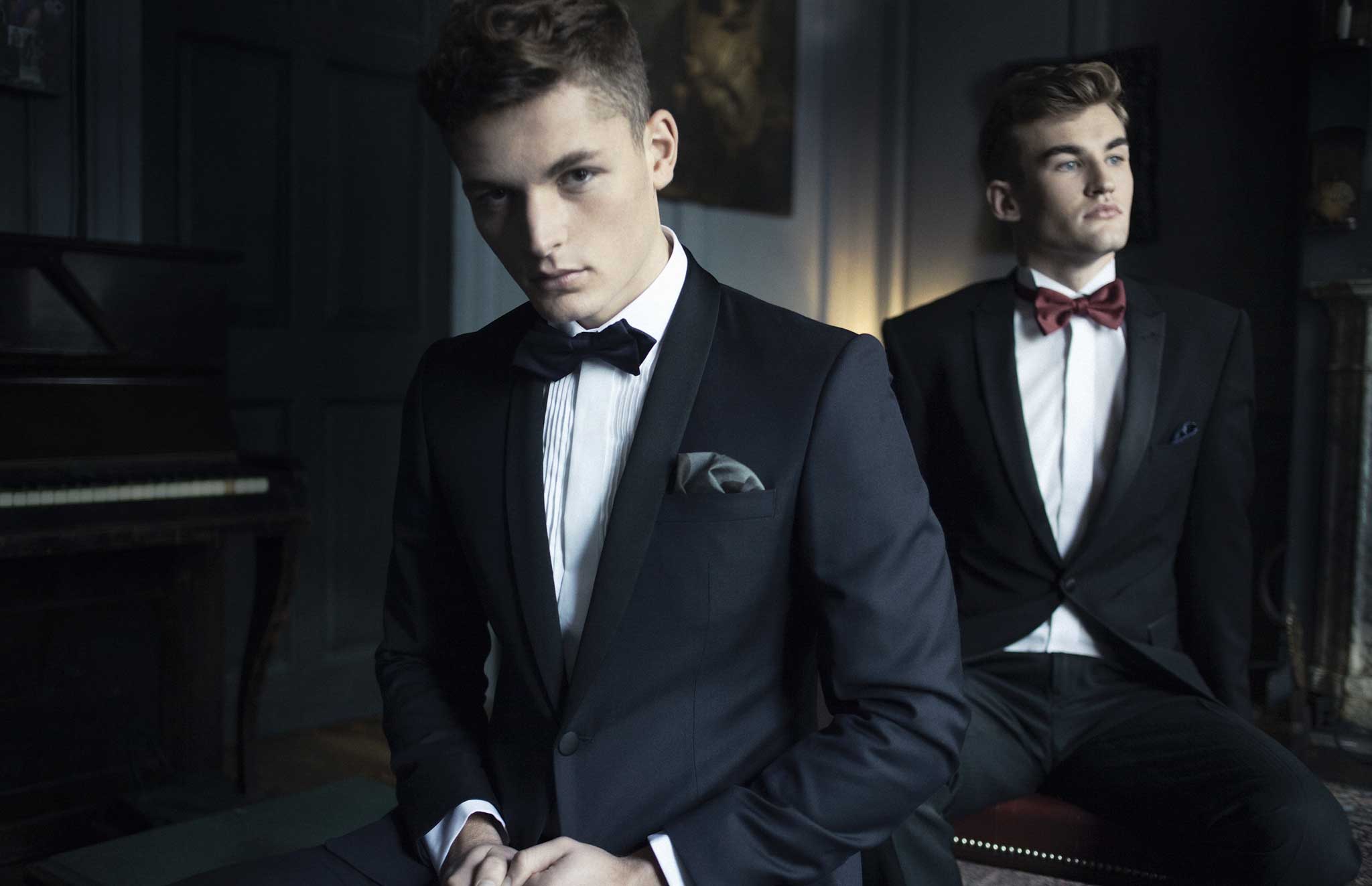 Tuxedo suit, £795, shirt, £139.50, bow tie, £59.50 all by Mr Start, mr-start.com; pocket square, £30, Paul Smith, mr porter.com; tuxedo jacket, £49, trousers, £20, shirt, £8, bowtie, £3, all by Matalan, matalan.com; pocket square, £8, Topman, Topman.com