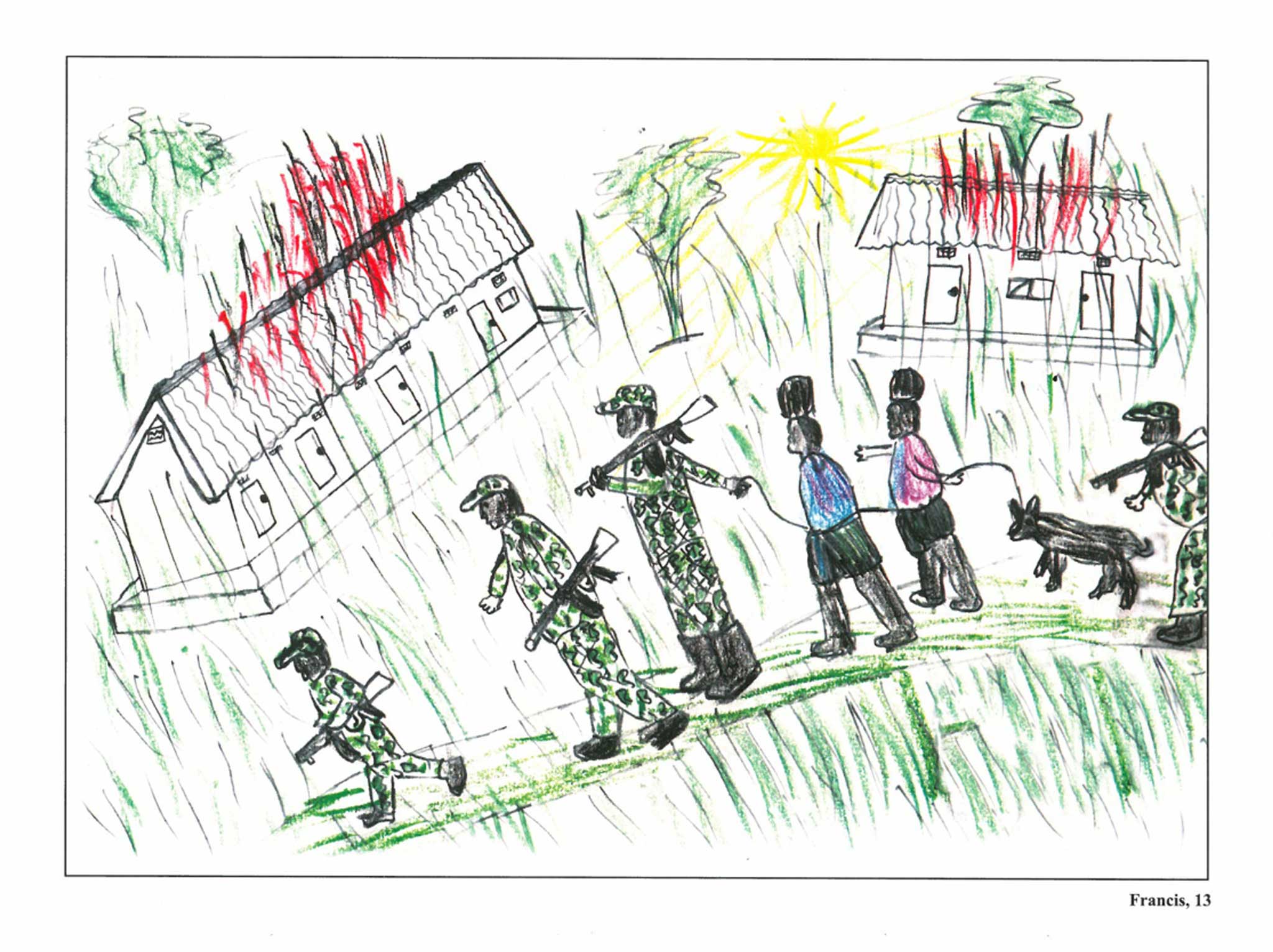 'Children draw like this when they are distressed. Look at the way the grass, and the flames from the roof of the school, have been done in such harsh vertical lines. They have been scored in quite a violent action. It's almost certainly a representation of their distress. Note that, as the captives are roped and led away, even the dog has been taken'