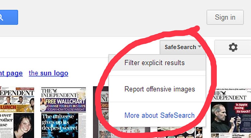 The new search settings (highlighted) on Google Images