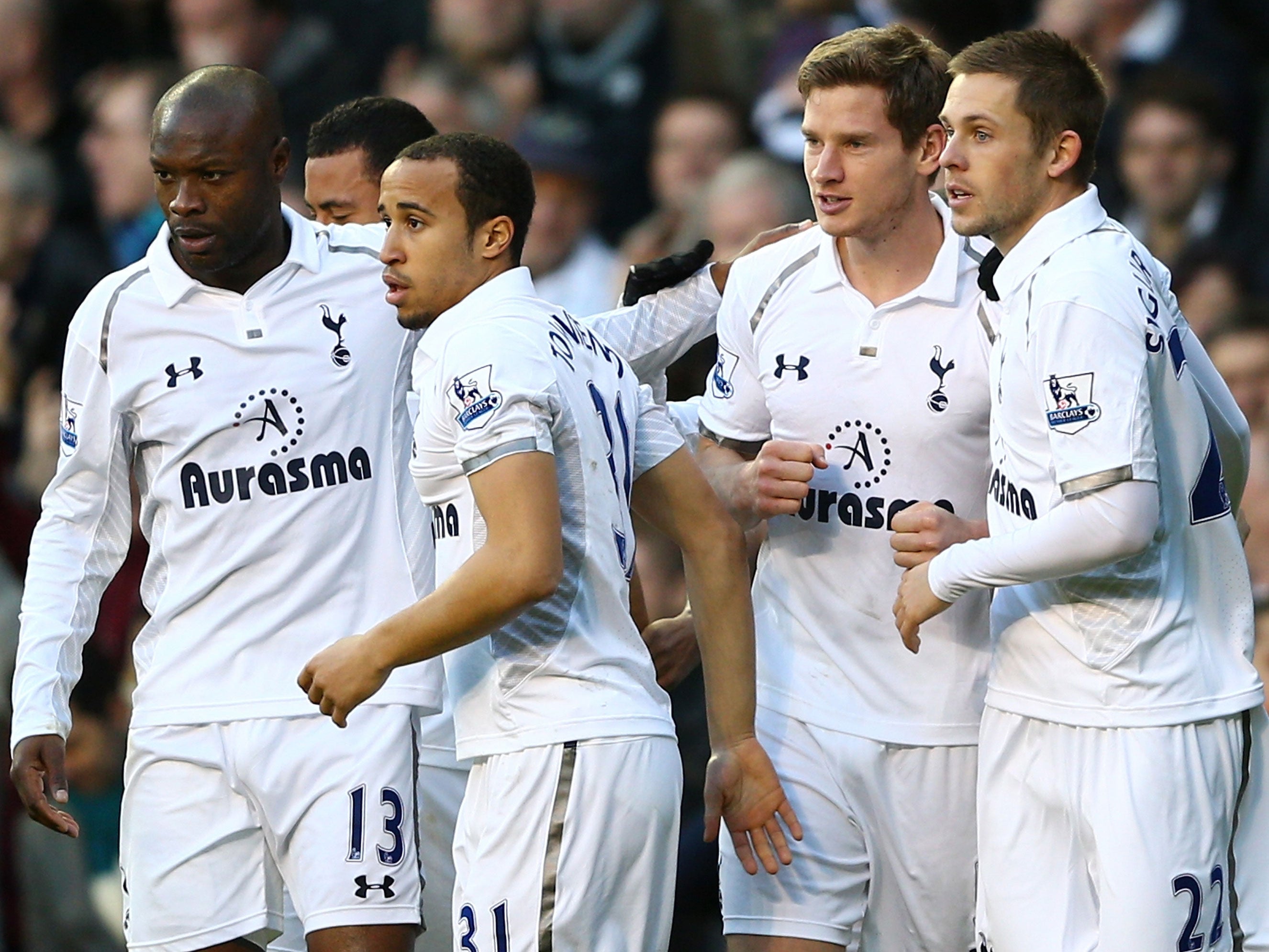 Jan Vertonghen (third from left) celebrates his winning goal for Tottenham