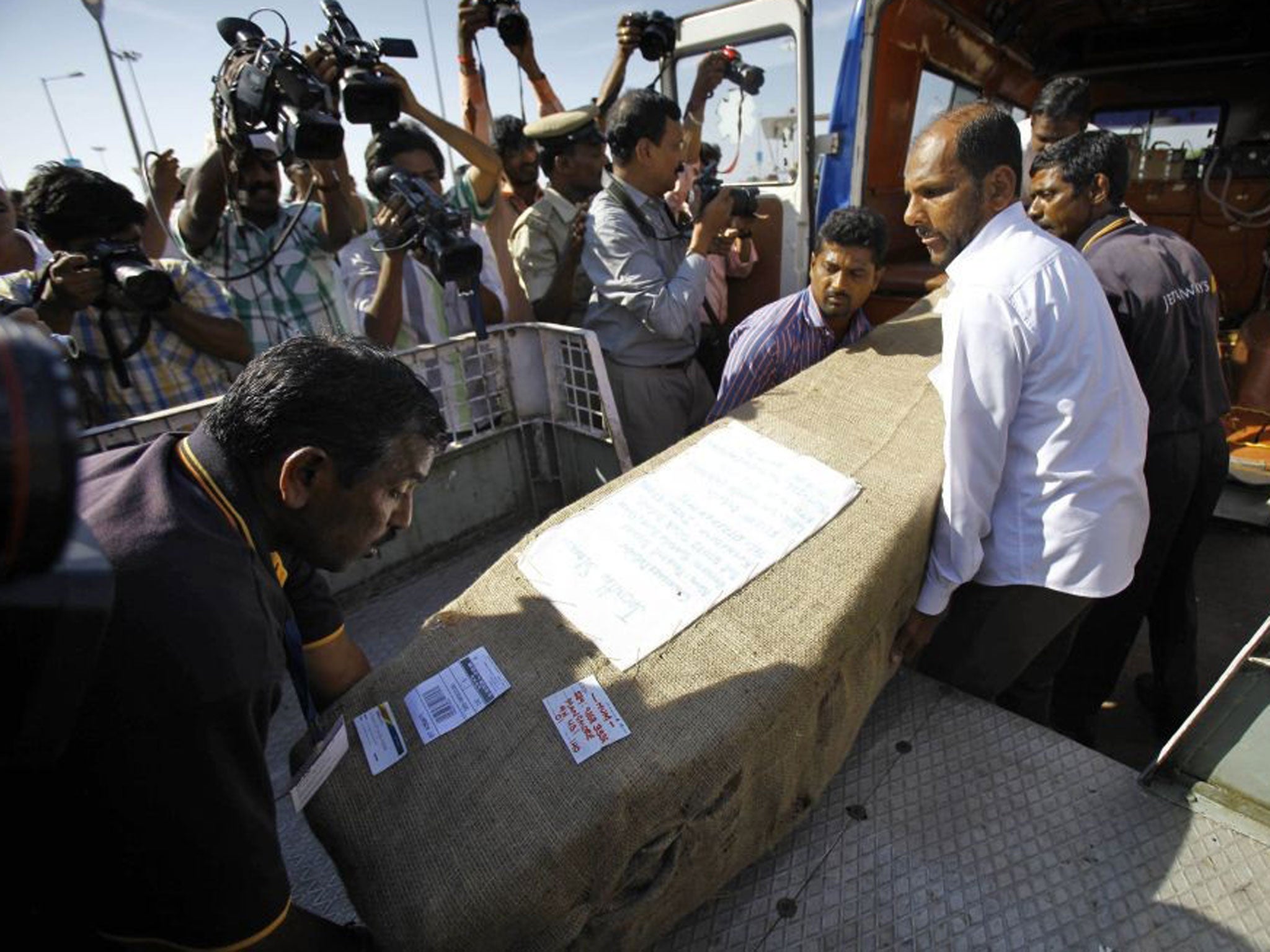 A casket containing the body of Jacintha Saldanha, a nurse found hanging in her room days after she had been duped by a hoax call from an Australian radio station about the pregnant Duchess of Cambridge