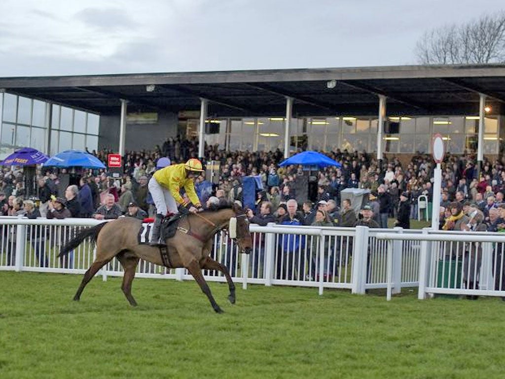 Seymour Eric passes the winning post in Hereford’s last race at the course’s final meeting yesterday