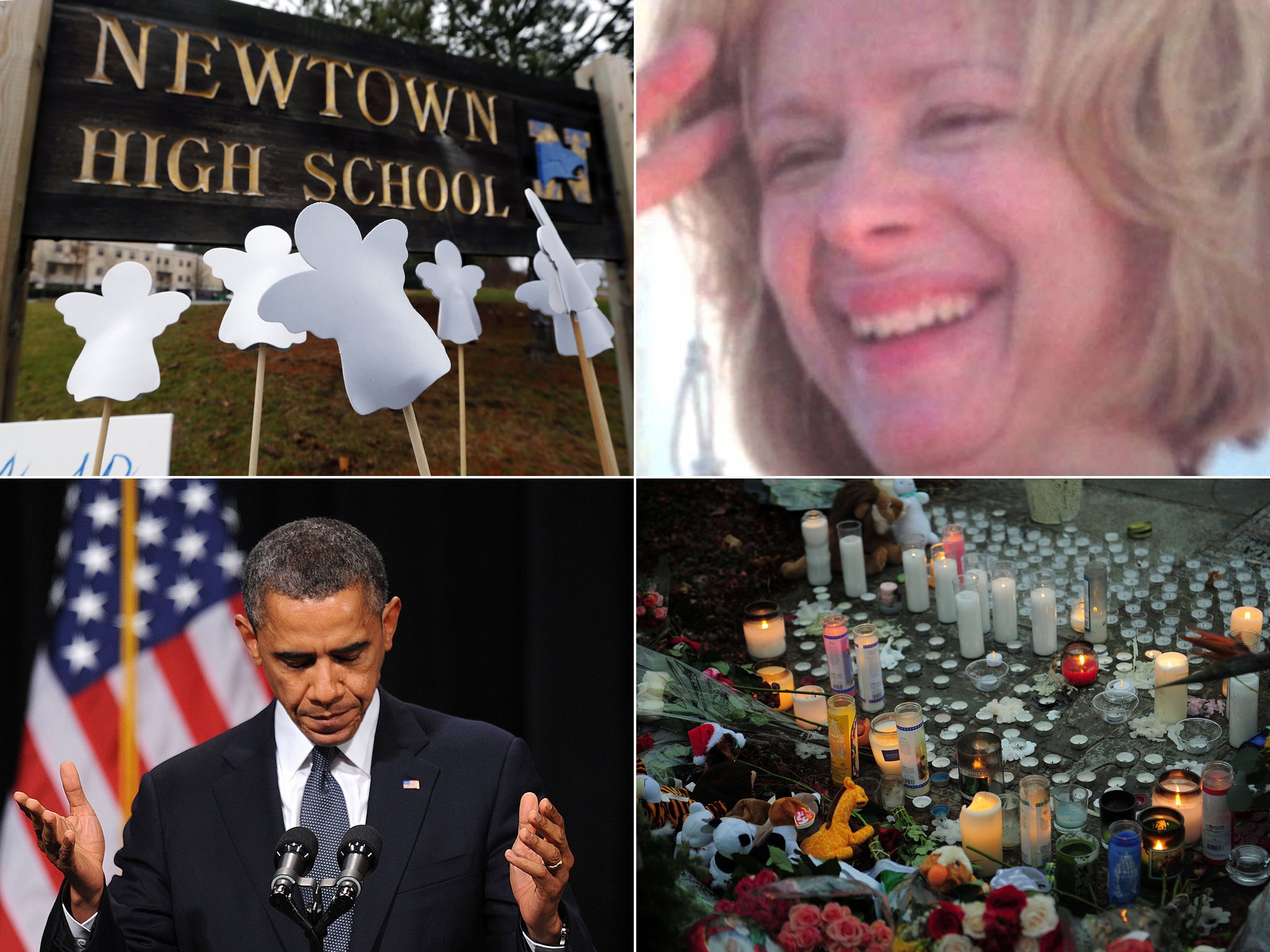Clockwise from the top left: Newtown High School where the tragedy took place, Nancy Lanza who's son committed the atrocity, President Obama speaks out and tributes to the victims