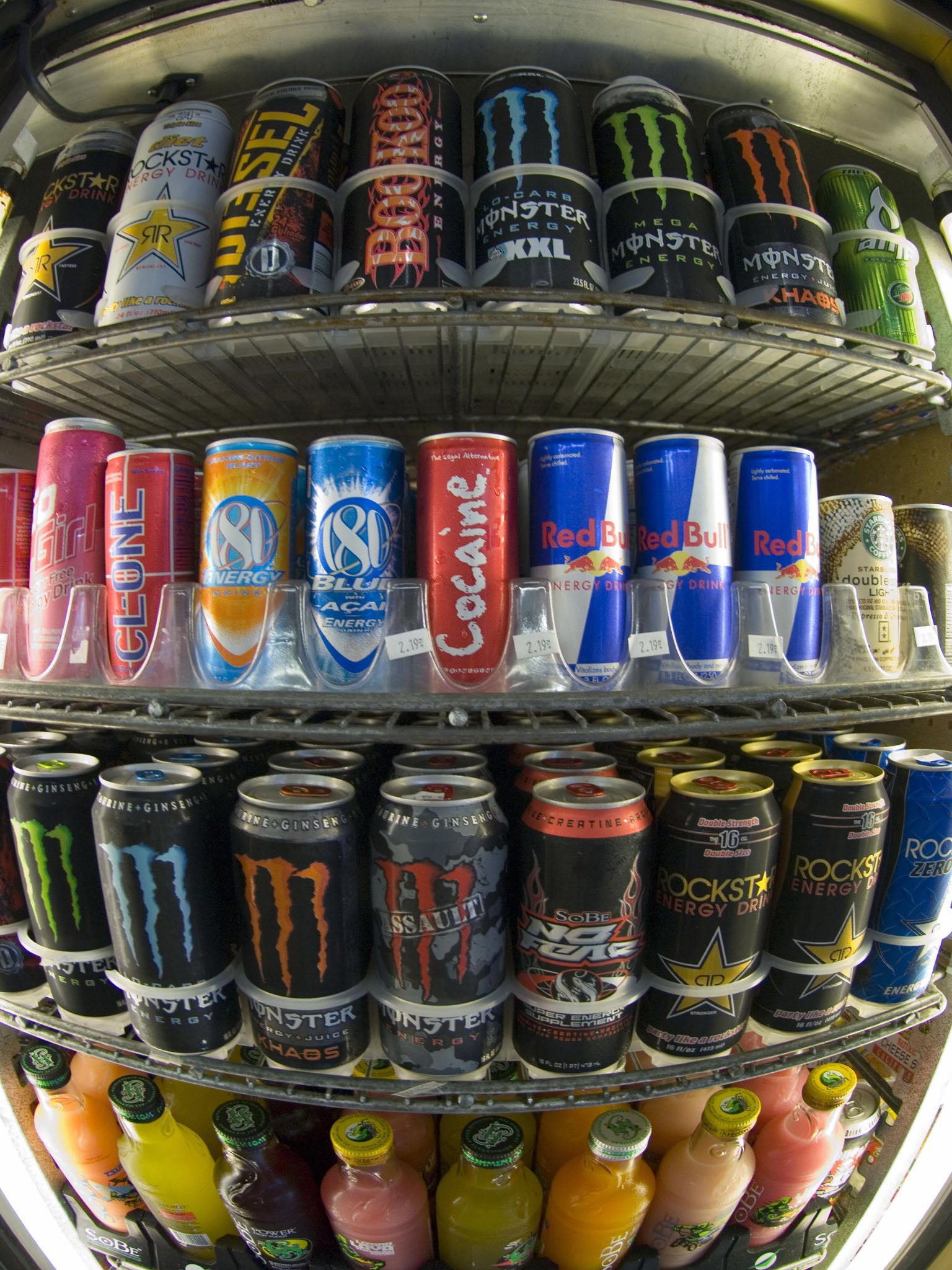 Cans of energy drinks are displayed in a store in California. The kick from caffeine has a growing number of consumers jumping into energy drinks-soft drinks spiked with nutritional aids and stimulants despite warnings from health professionals.