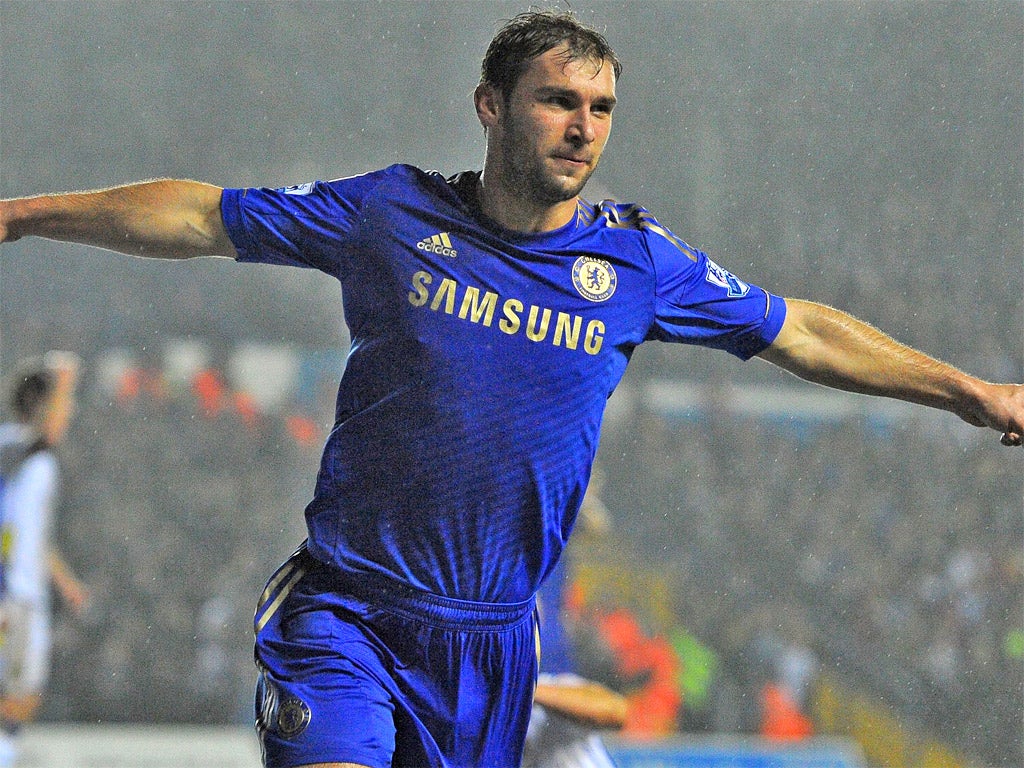 Branislav Ivanovic celebrates scoring Chelsea’s second goal at Elland Road last night