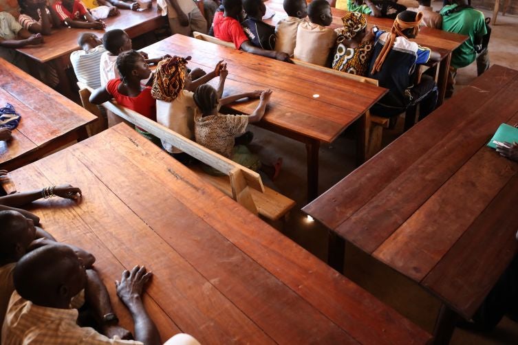 The time spent in the armed group means the children are far behind in their education. At the centre intensive classes are run to enable them to re-enter the normal school programme. The teachers at this school in Bria say that the former child soldiers