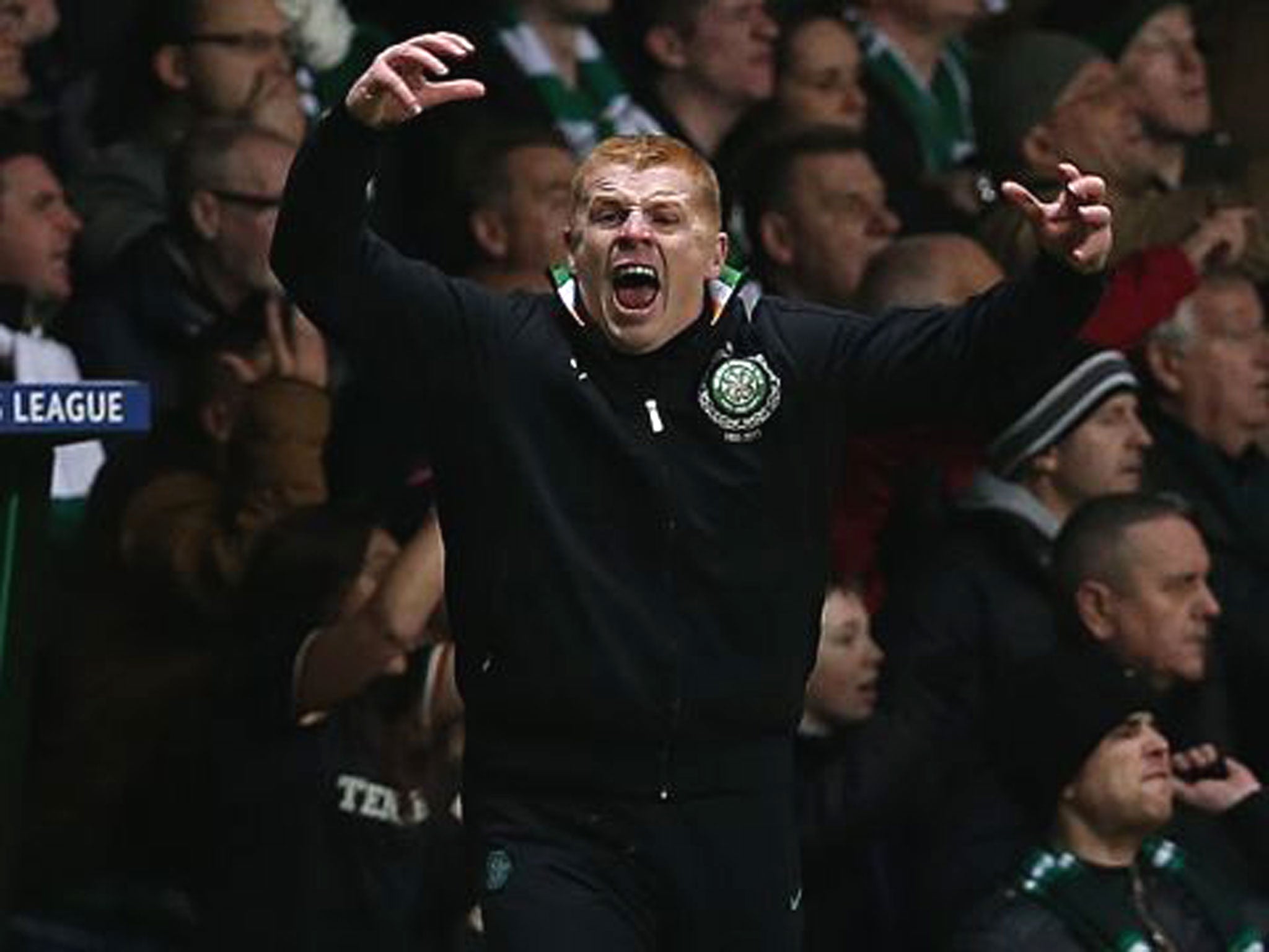 Neil Lennon celebrates Celtic’s victory over Barcelona