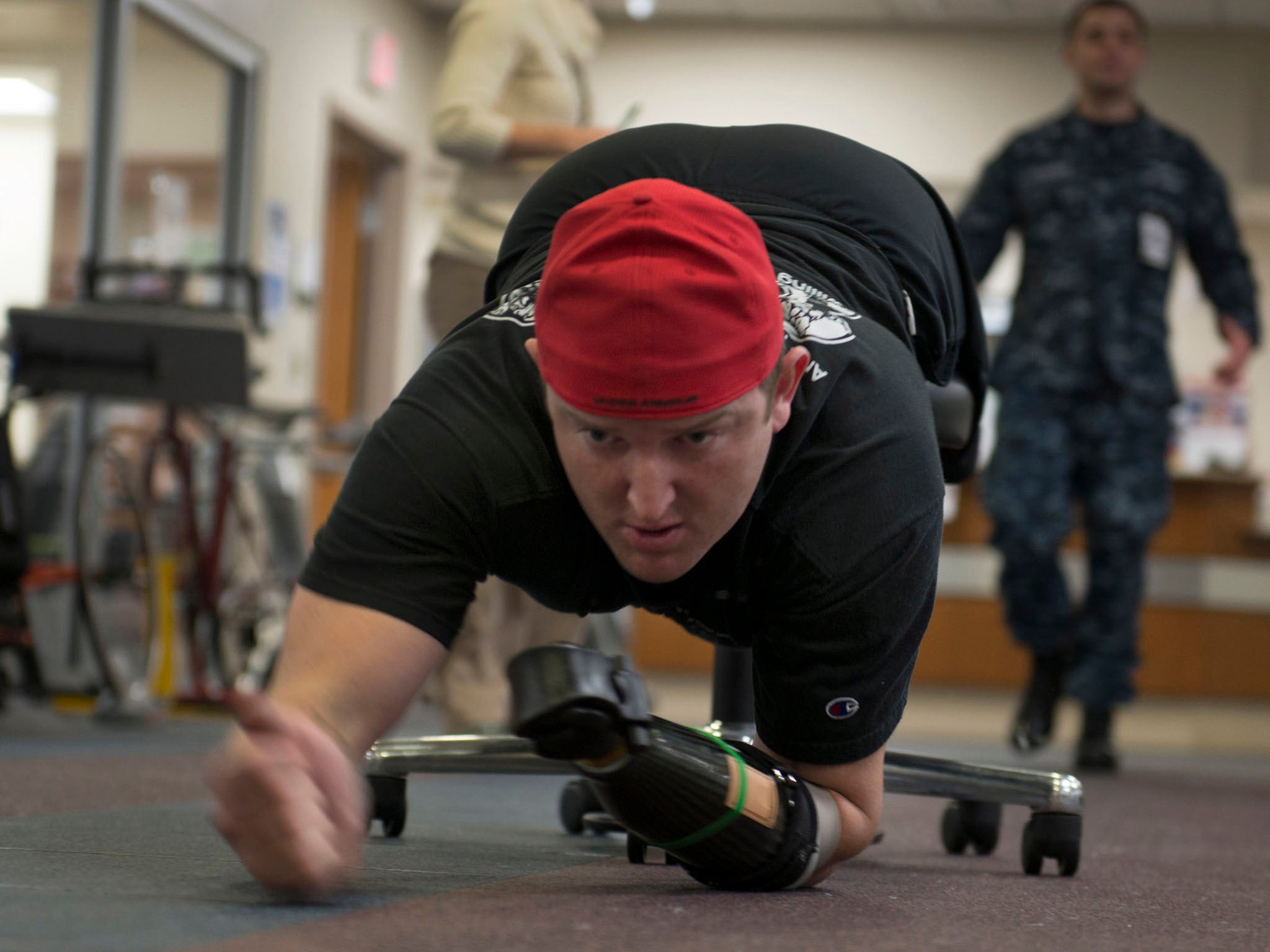 Sergeant Monte Bernardo exercising his upper body at the Walter Reed National Military Medical Center