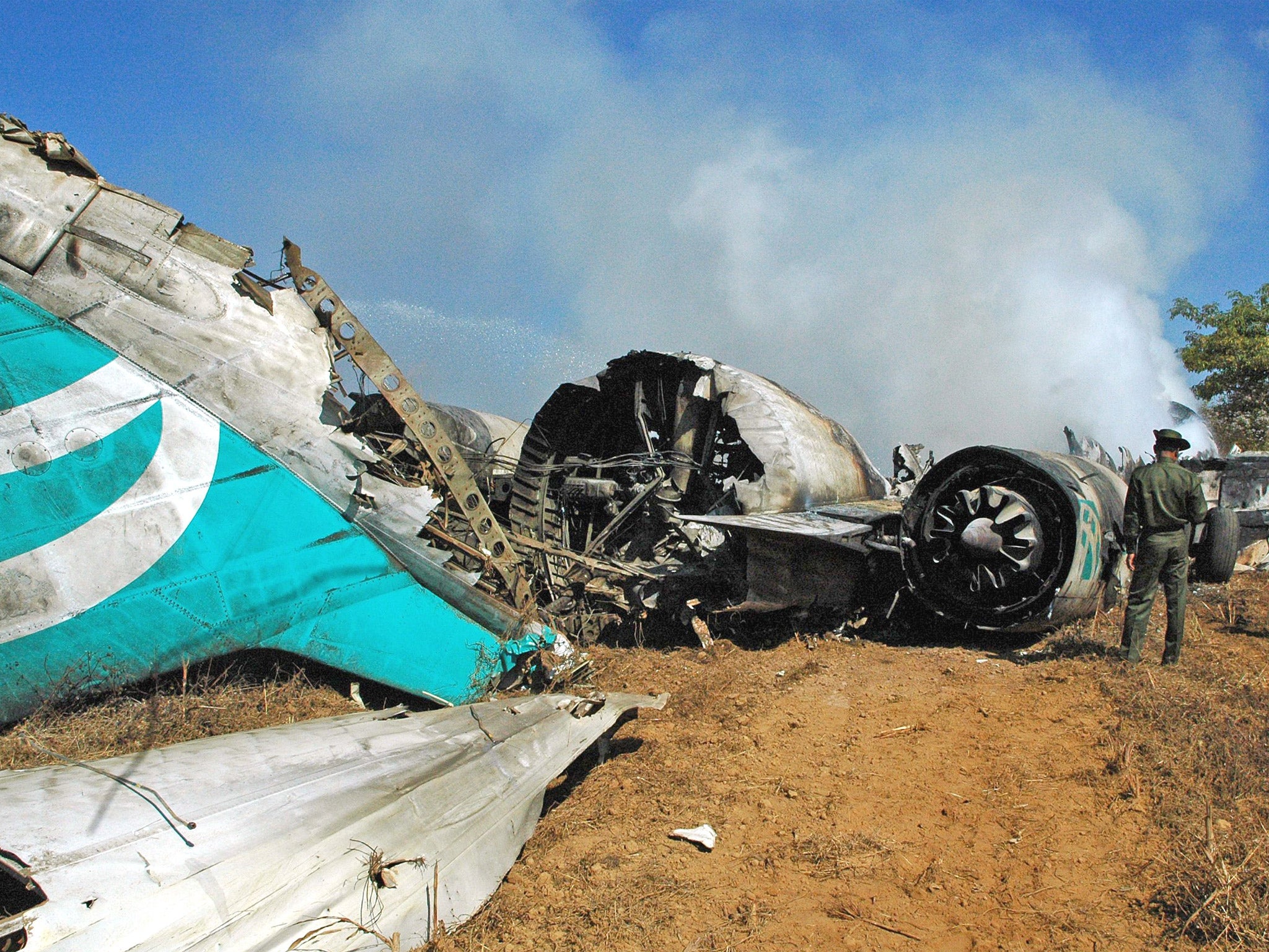 The wreckage of the Air Bagan Fokker 100 near Inle Lake