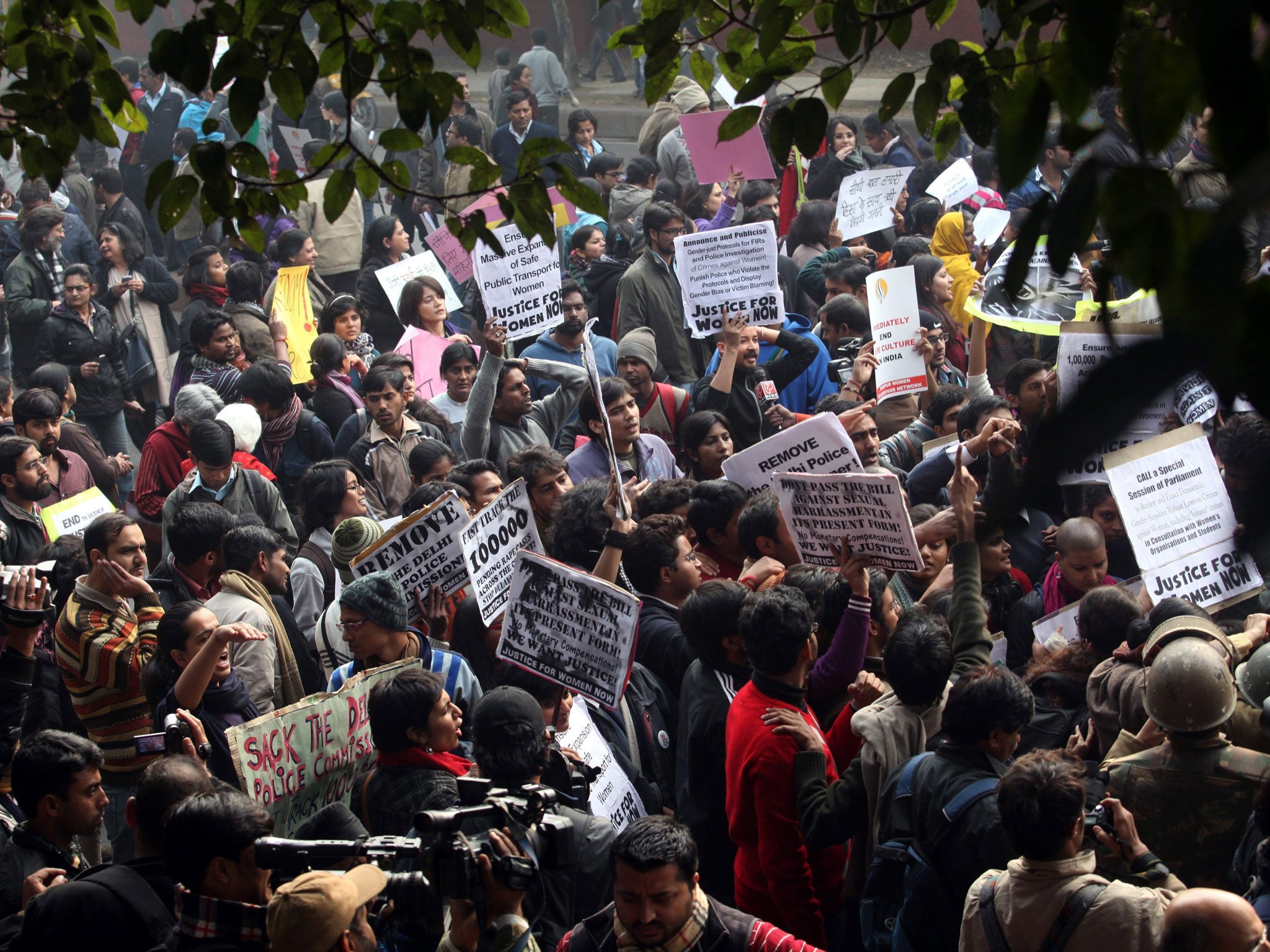 Activists shout slogans and hold placards as they participate in a protest against the recent brutal gang-rape in New Delhi