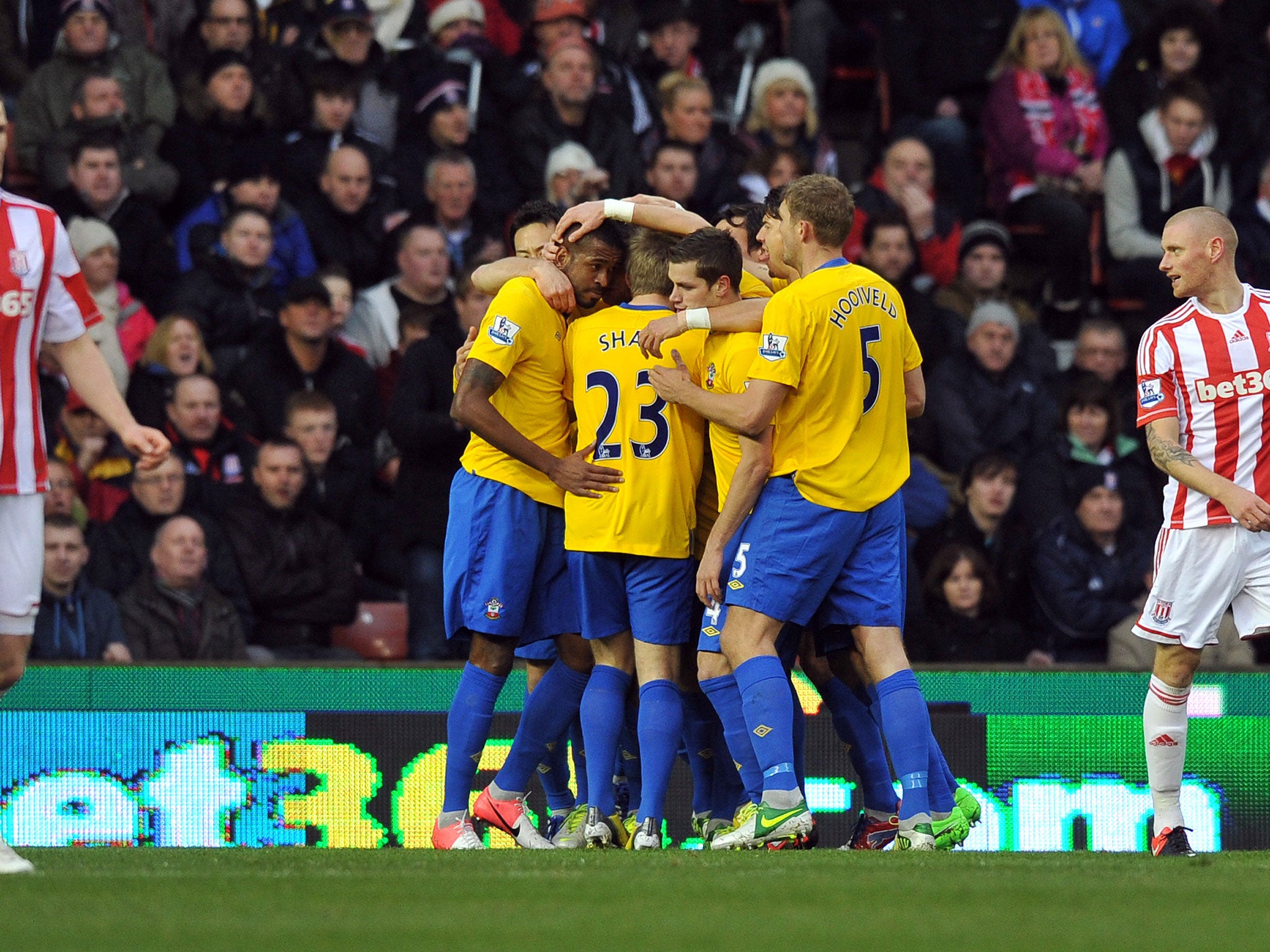 Southampton celebrate Rickie Lambert's opening goal for his side