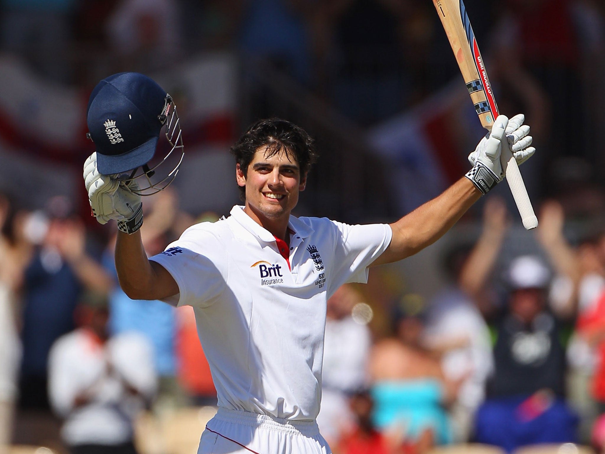 Call to arms: Alastair Cook relishes another century during the runfest at Adelaide in 2010-11