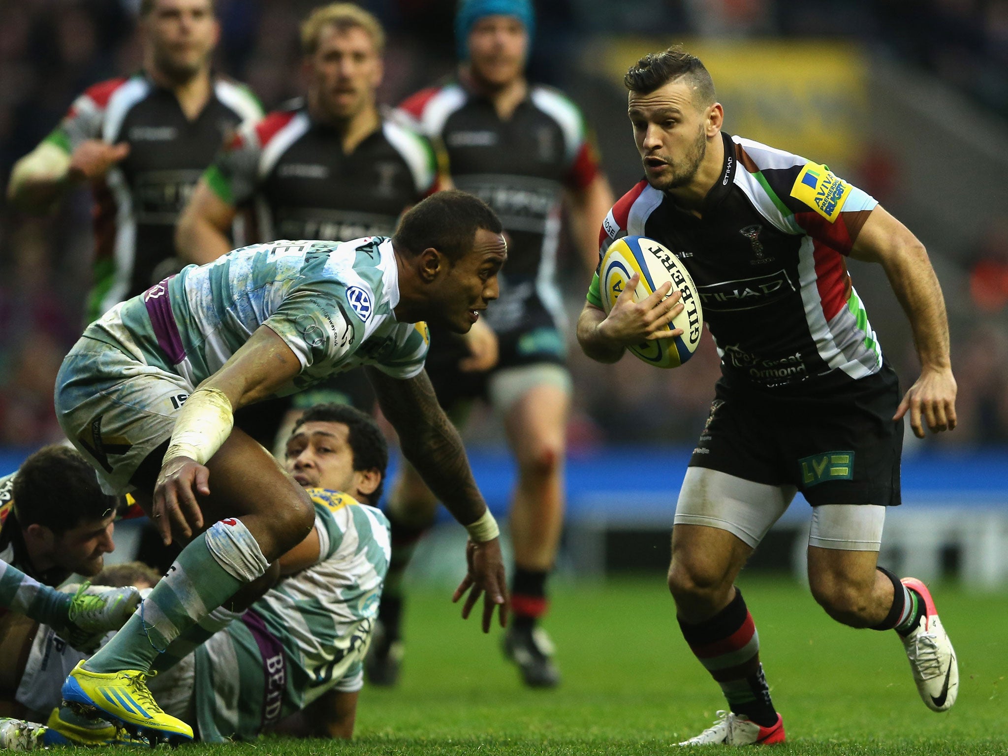 The hosts’ No 9, Danny Care, runs in a try