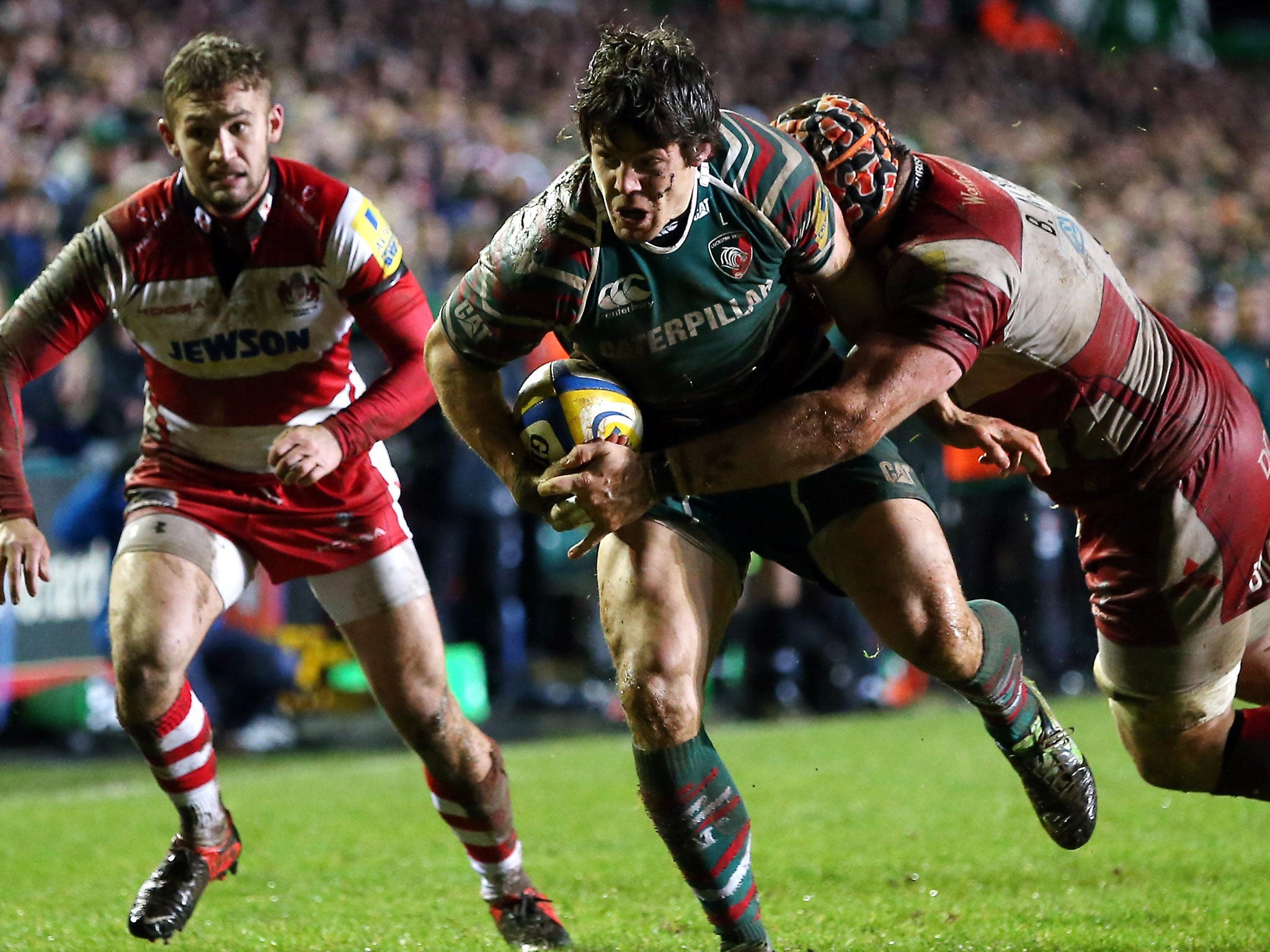Strong-armed: Leicester’s Anthony Allen is tackled by Ben Morgan