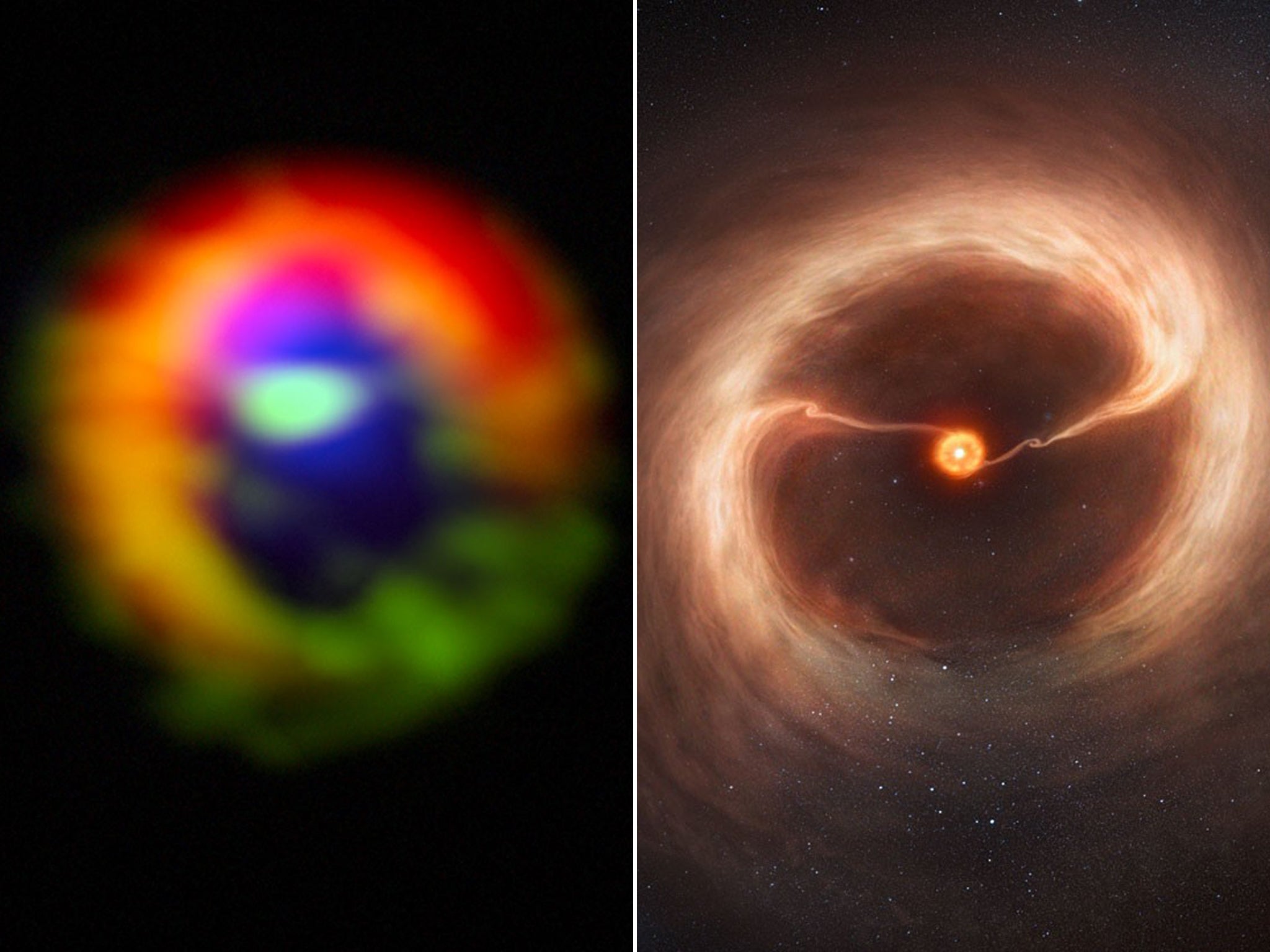 Observations (left) made with the Atacama Large Millimeter/submillimeter Array (ALMA) telescope of the young star HD 142527. The dust in the outer disc is shown in red. Dense gas in the streams flowing across the gap, as well as in the outer disc, is show