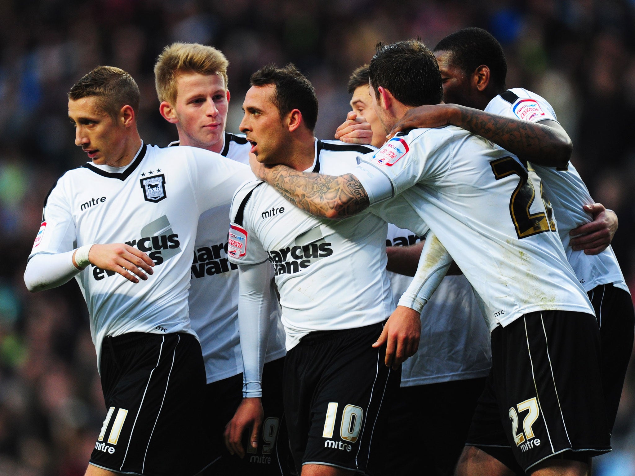 Michael Chopra (C) of Ipswich Town celebrates with team mates