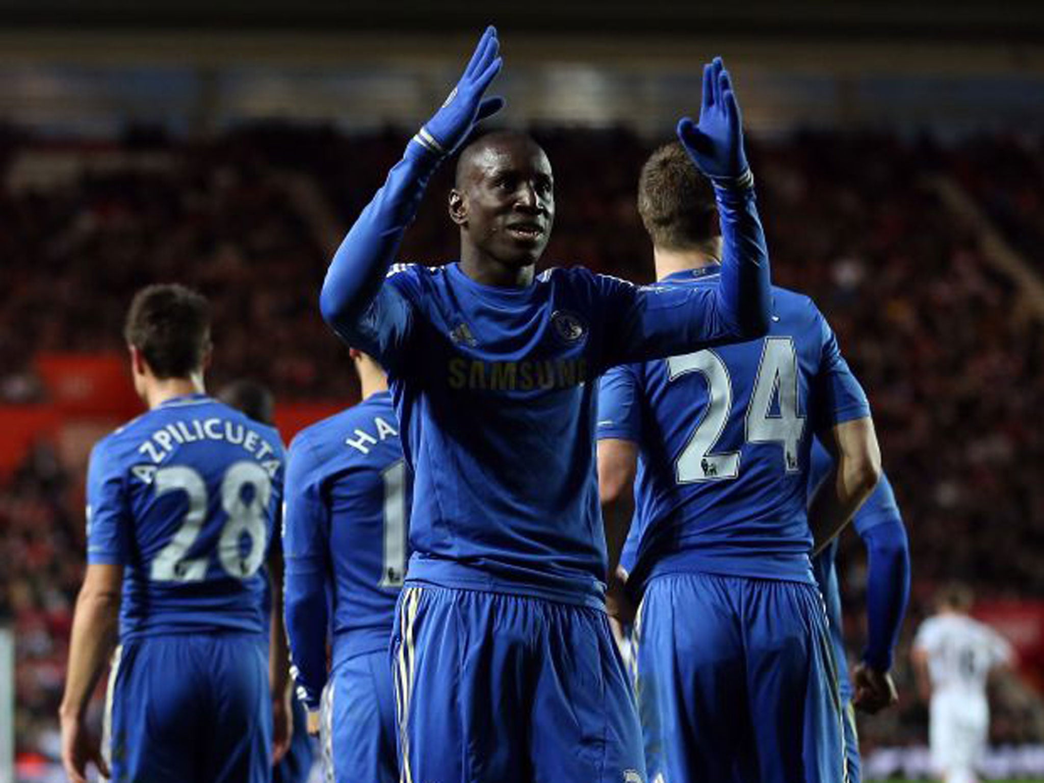 Chelsea’s new signing, Demba Ba, celebrates his debut goals