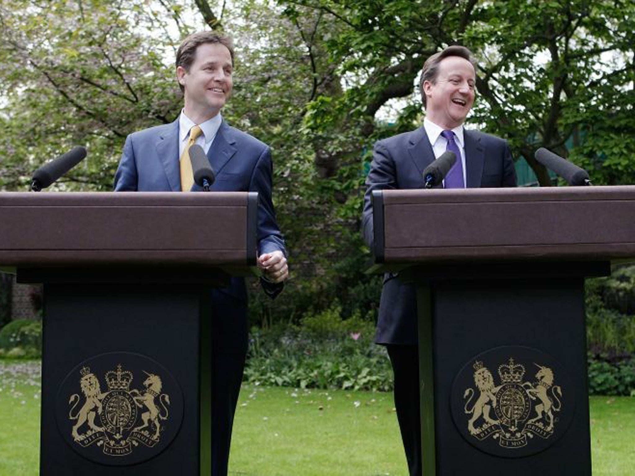 Prime Minister David Cameron and Deputy Prime Minister Nick Clegg hold their first joint press conference in the Downing Street