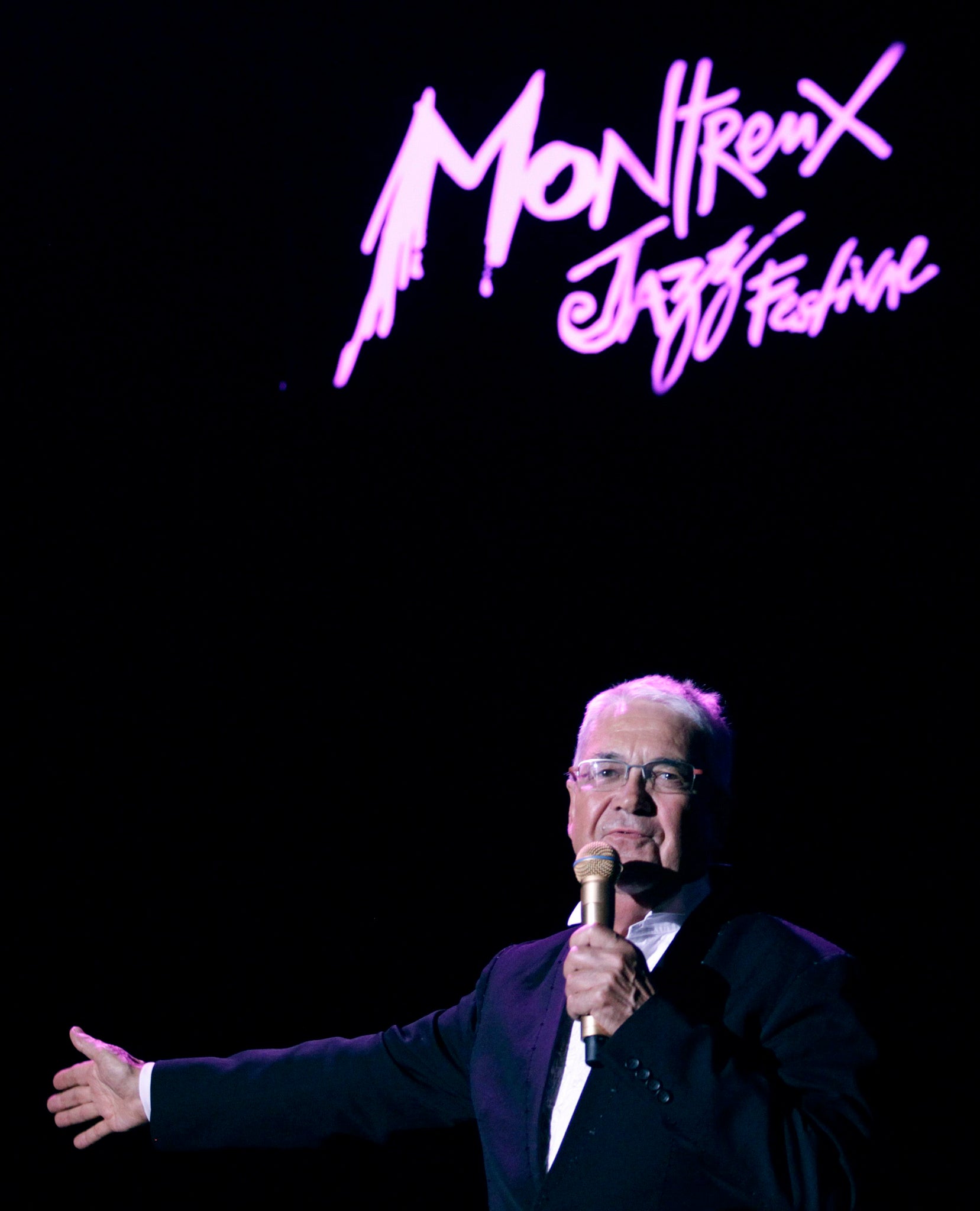 Montreux Jazz Festival founder Claude Nobs introduces an artist during the 44th Montreux Jazz Festival in Montreux in this July 4, 2010 file photograph. The Montreux Jazz Festival announced on January 7, 2013 that its founder remained unconscious after un