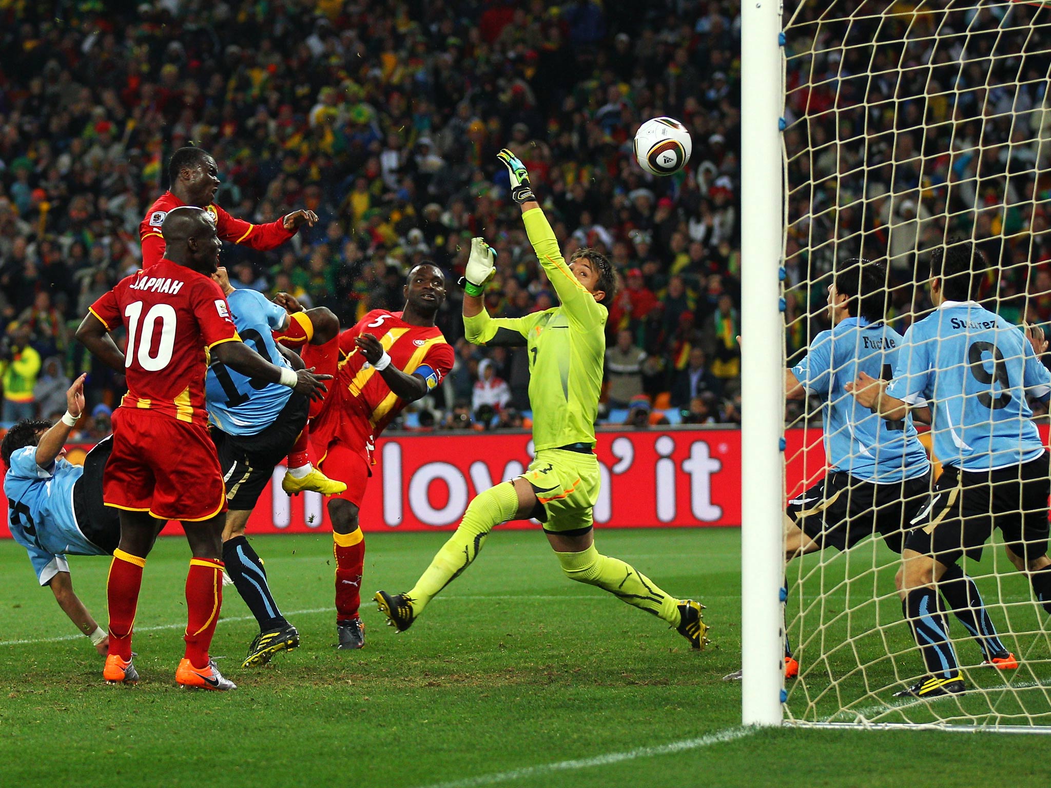 During the World Cup quarter-finals, Suarez prevented Ghana's Dominic Adiyiah scoring with a deliberate handball