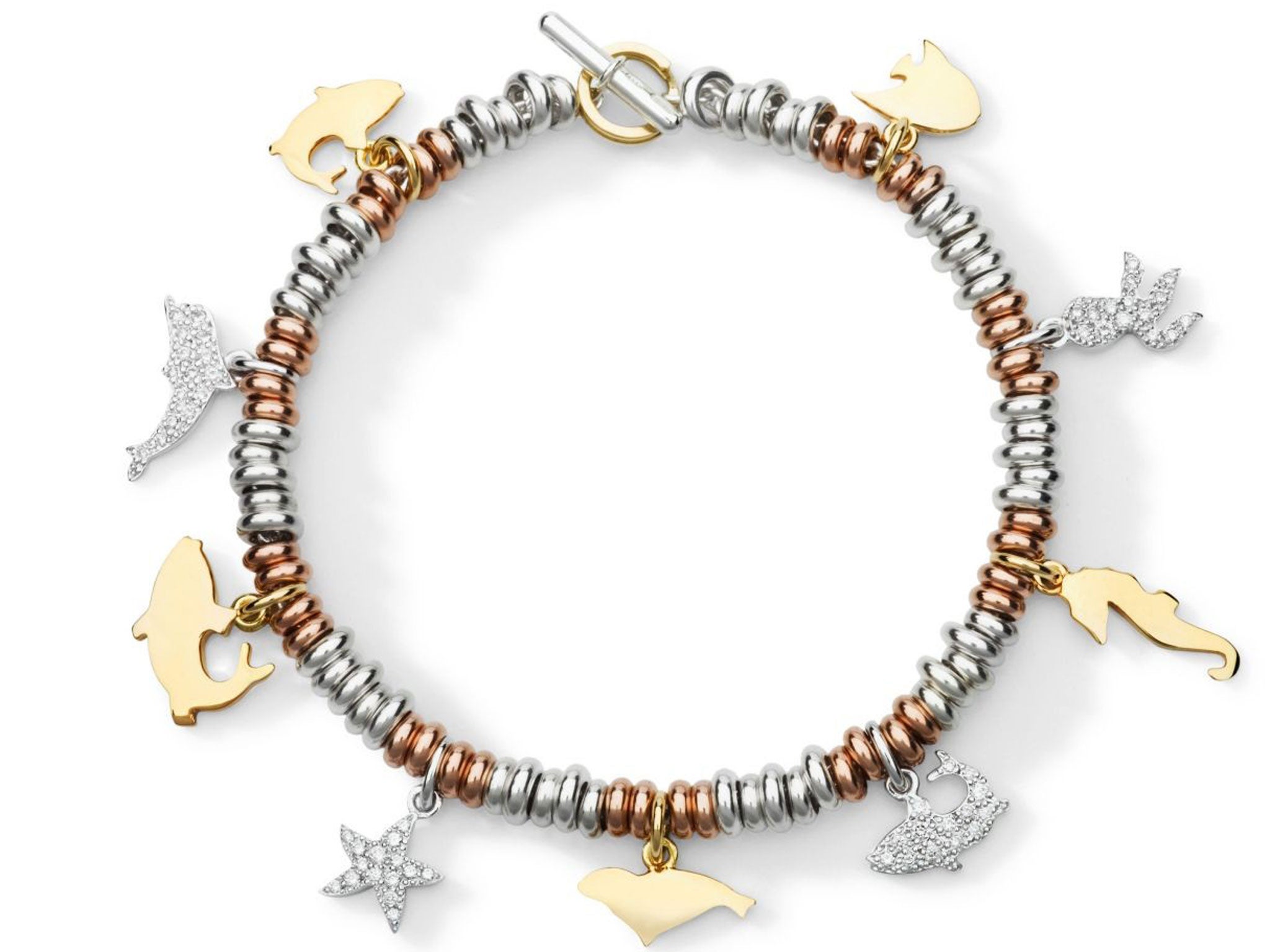 Bracelet with charms in yellow gold, white gold and diamonds, with rose gold and silver ringlets, £ 3,872; all available from Dodo.it