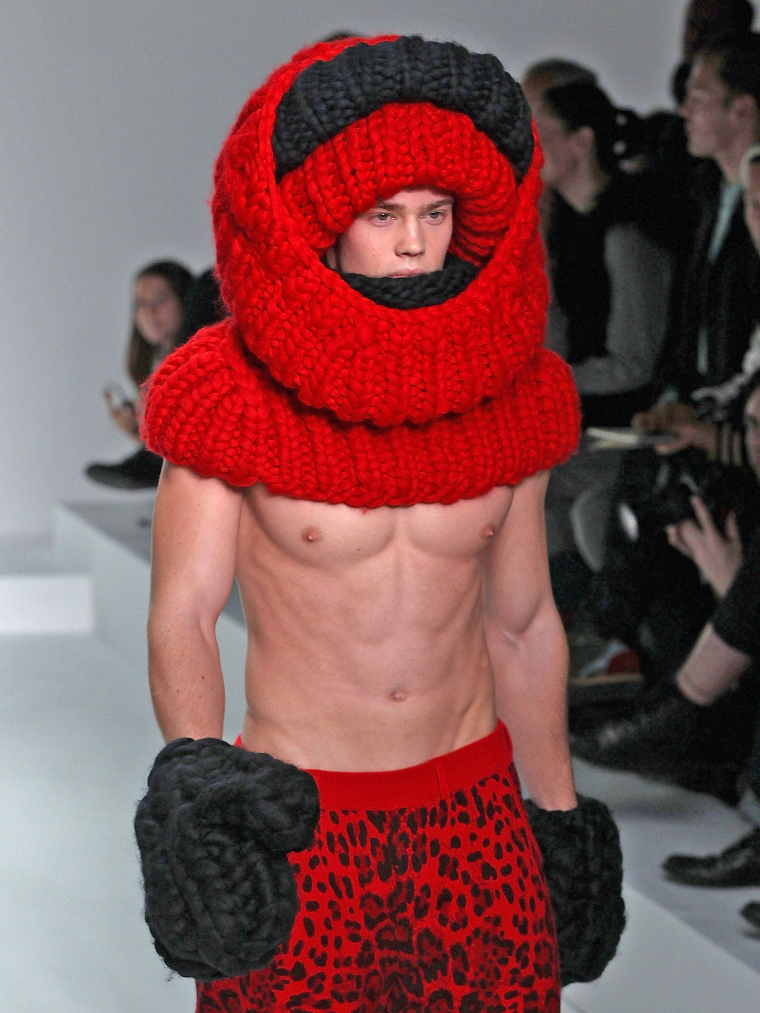 Fluffy and fun: A model on the catwalk during the Sibling show at the London Collections: MEN AW13