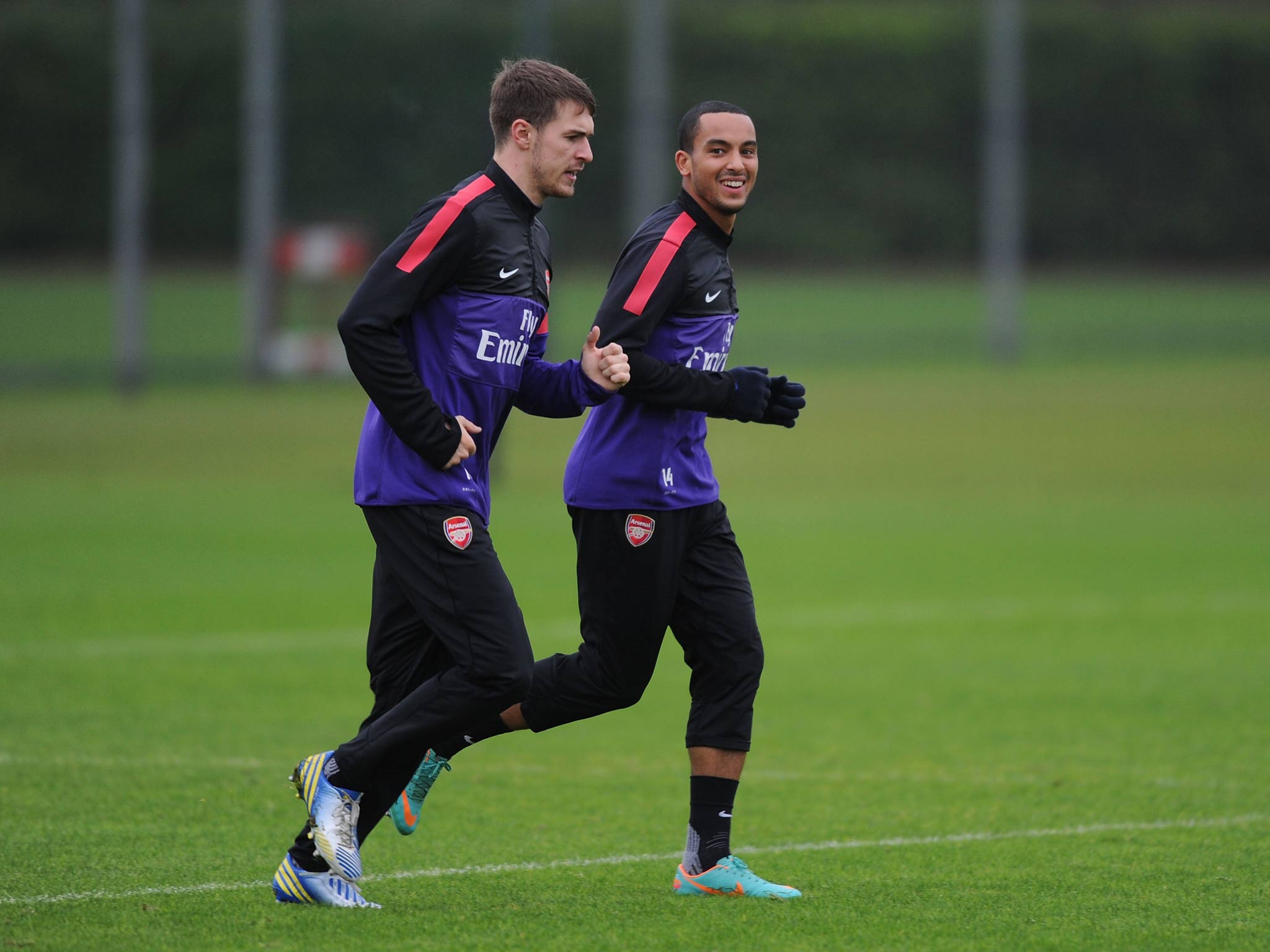 Aaron Ramsey trains with Theo Walcott