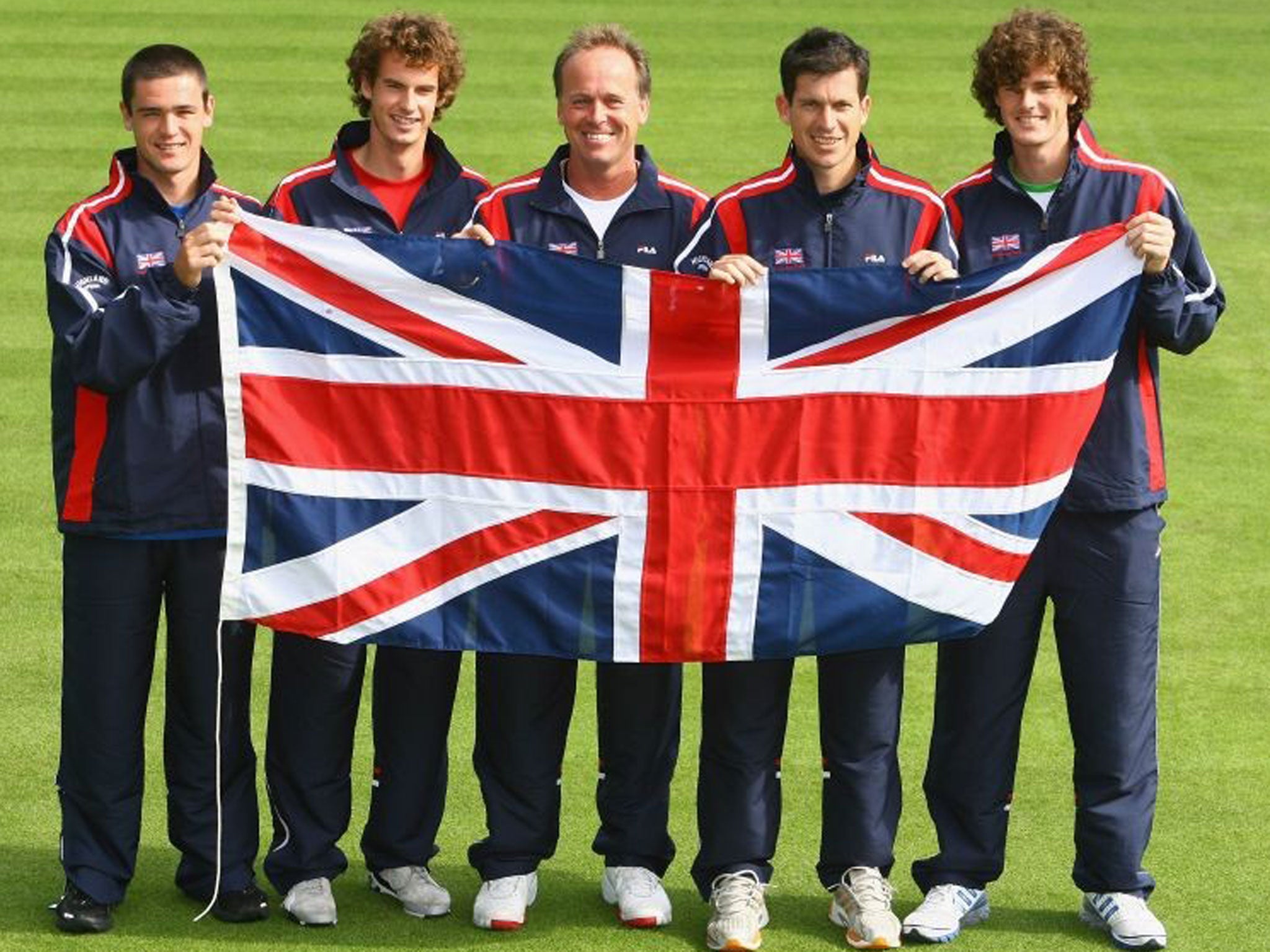 Jamie Baker (left) and Andy Murray (second left) fly the flag in the Davis Cup in 2007