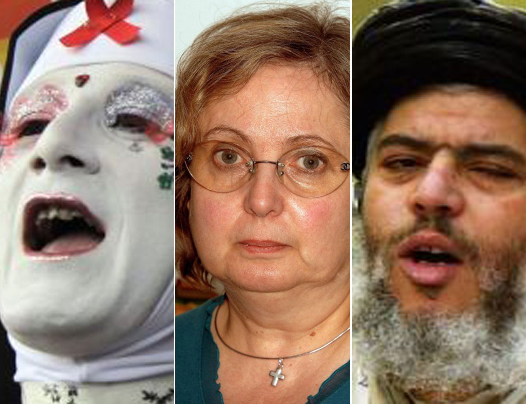 Left to right: A gay rights activist, Nadia Eweida, and Abu Hamza