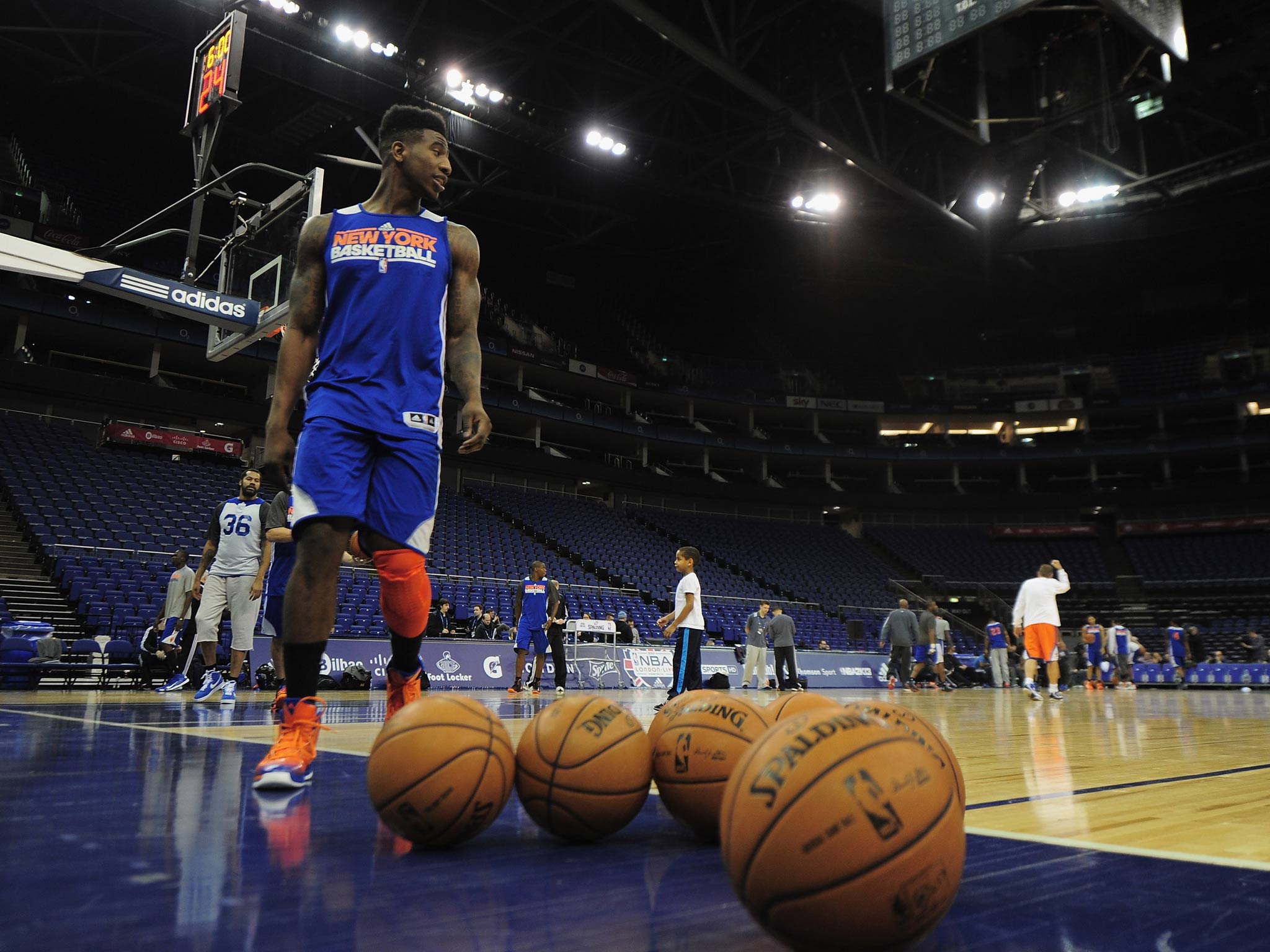 Shumpert Iman of the New York Knicks looks on during a New York Nicks trainning session prior to their NBA London Live 2013 game