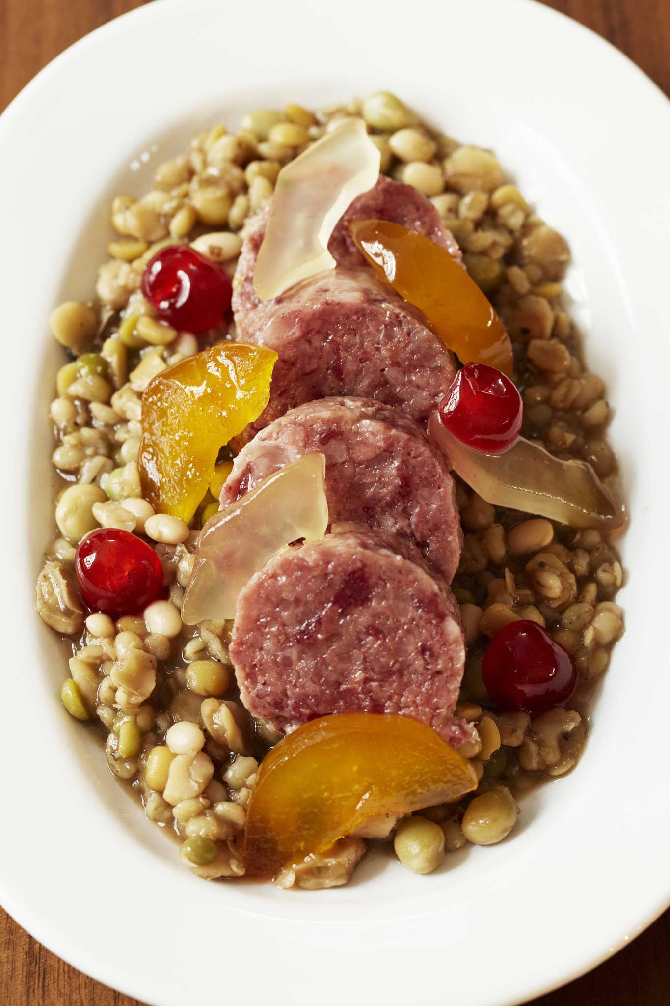 Cotechino with mixed pulses and mustard fruits