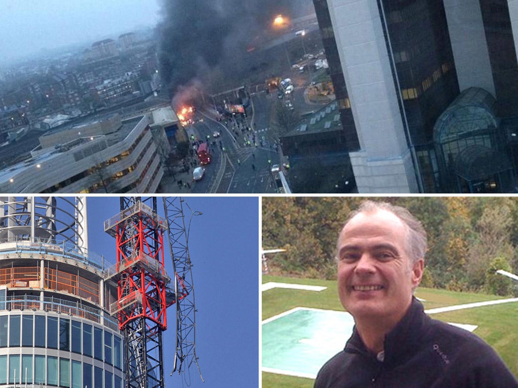 (Clockwise from top) The scene in Vauxhall; the pilot Peter Barnes; the damaged crane