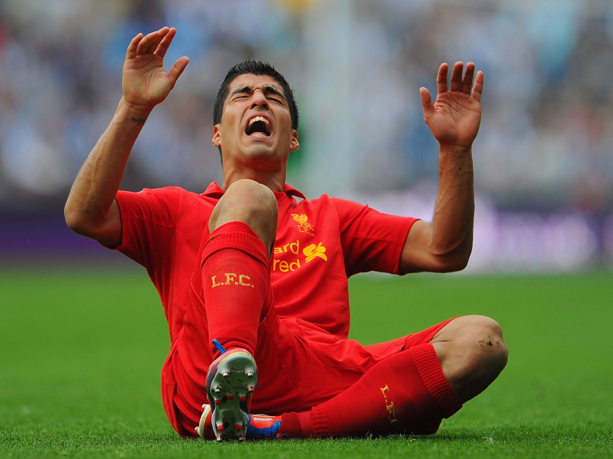 Suarez goes down against Stoke at Anfield on 7 October