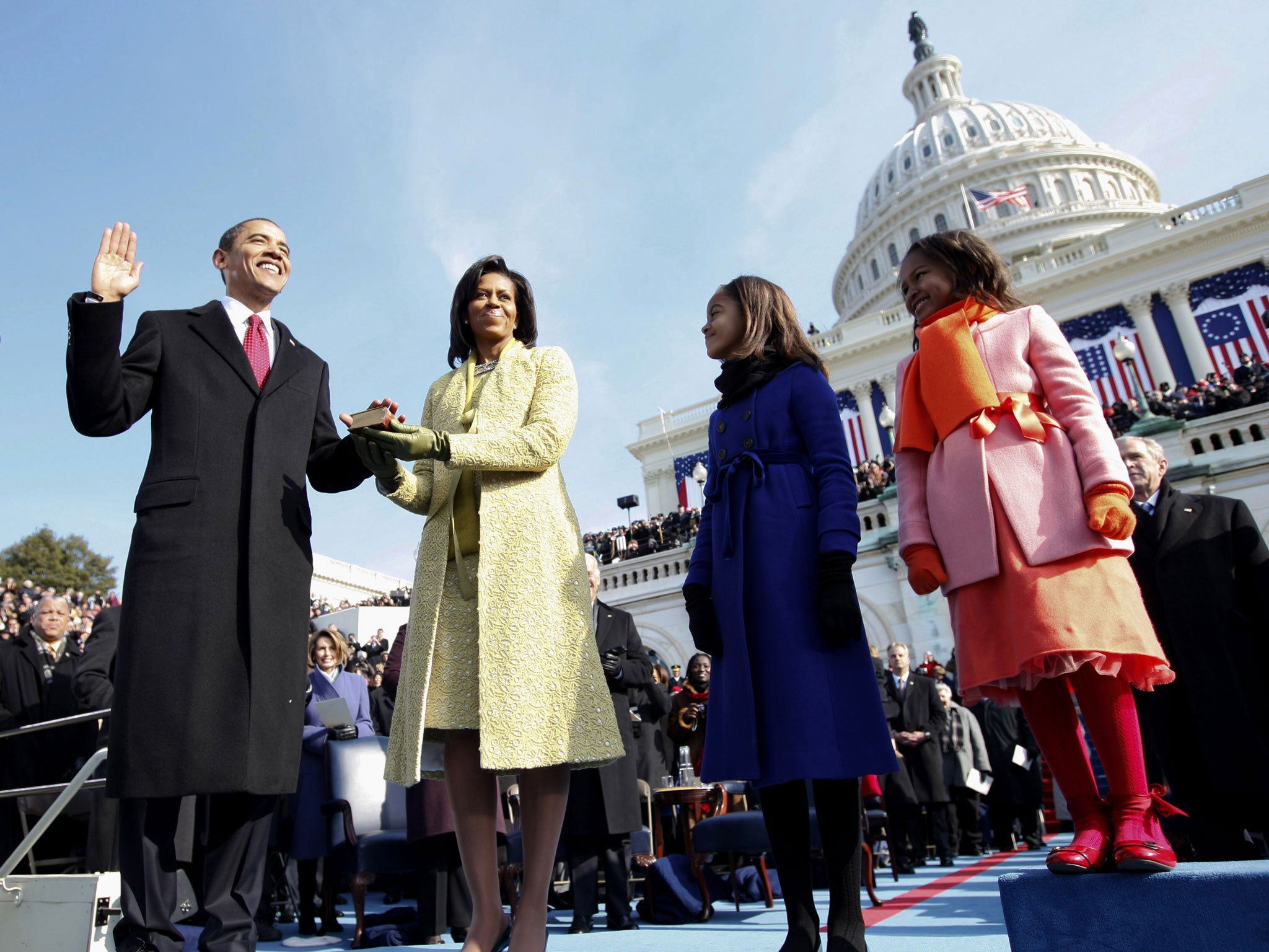 Barack Obama, with his family, being sworn in four years ago