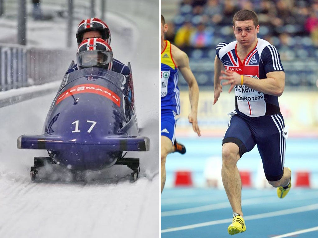 The GB bob with Craig Pickering as brakeman at the back (left) and as a 60m sprinter